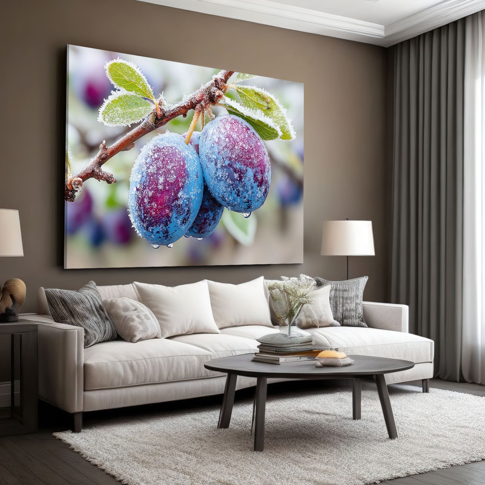 Frosted Plum Branch Fruit Art – styled in a furnished interior