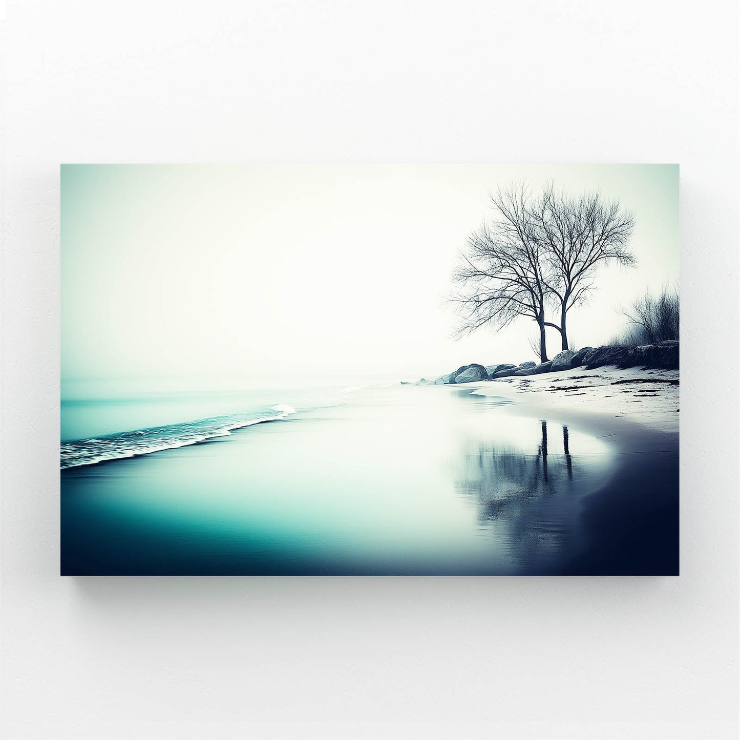 Frozen Shore Landscape Photography – bare tree on a frozen lakeshore in blue light