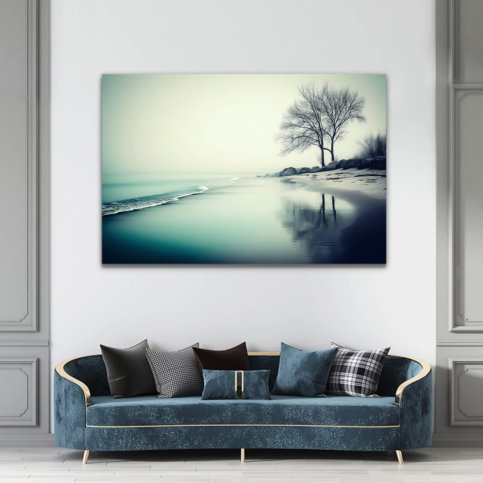 Frozen Shore Landscape Photography – above a blue velvet sofa in a classic room