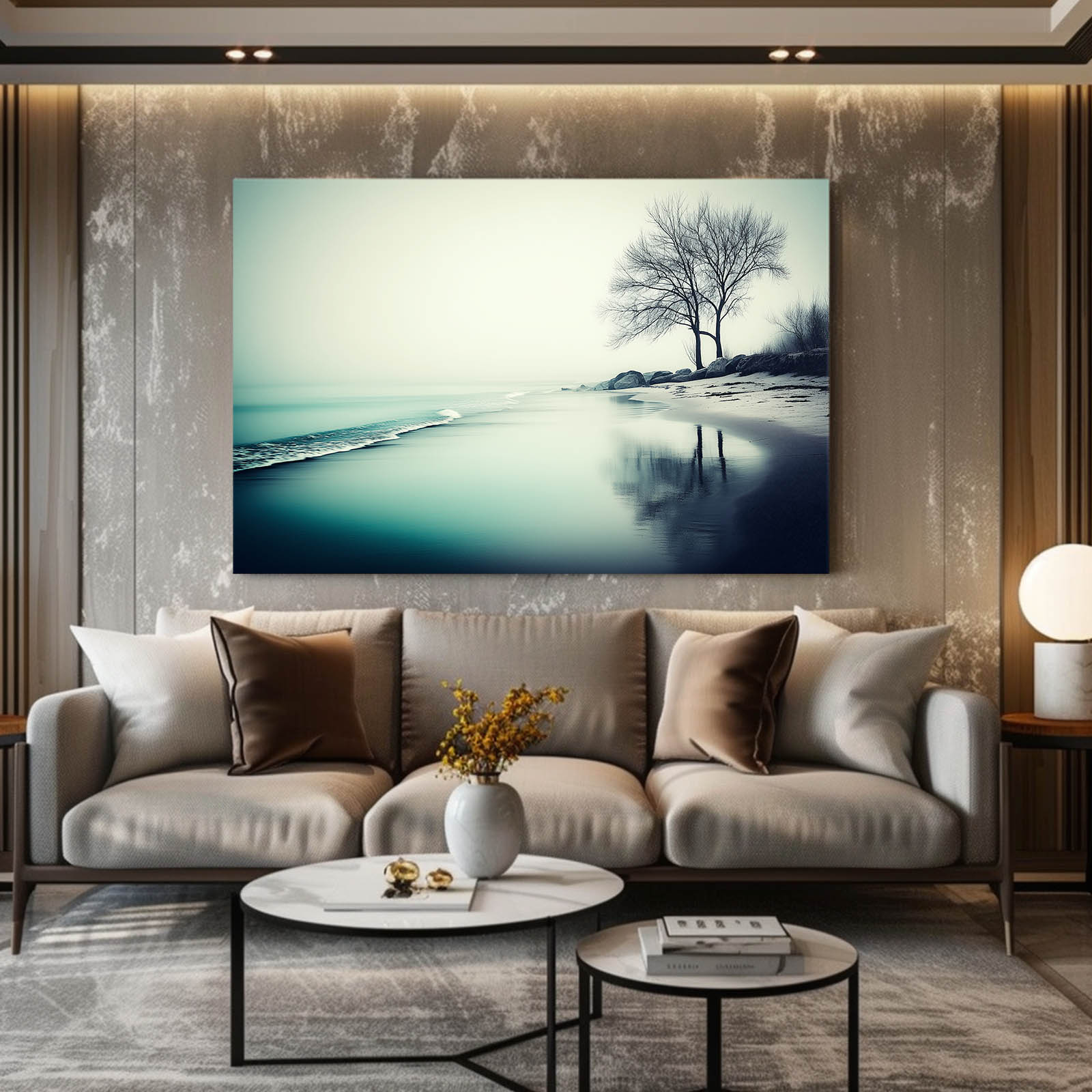 Frozen Shore Landscape Photography – above a taupe sofa with round coffee table
