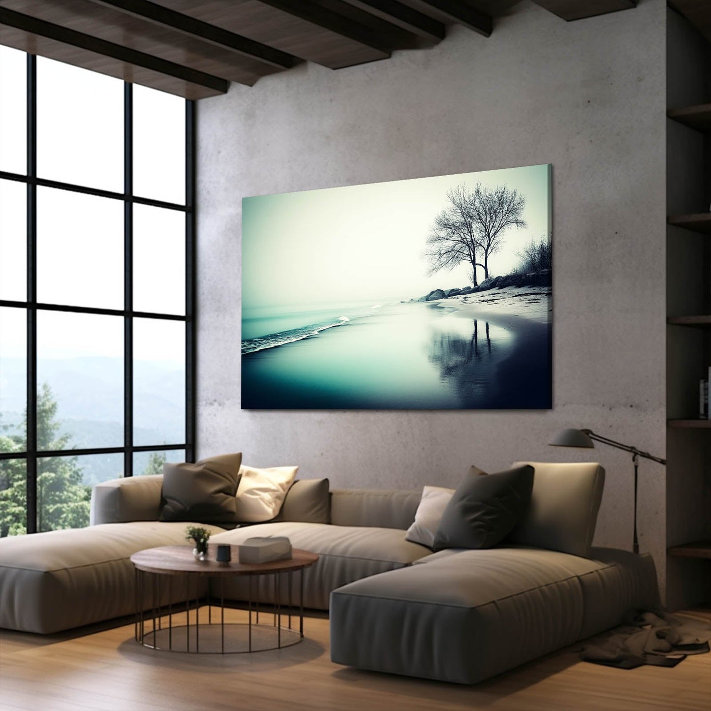 Frozen Shore Landscape Photography – above a grey sectional by a loft window