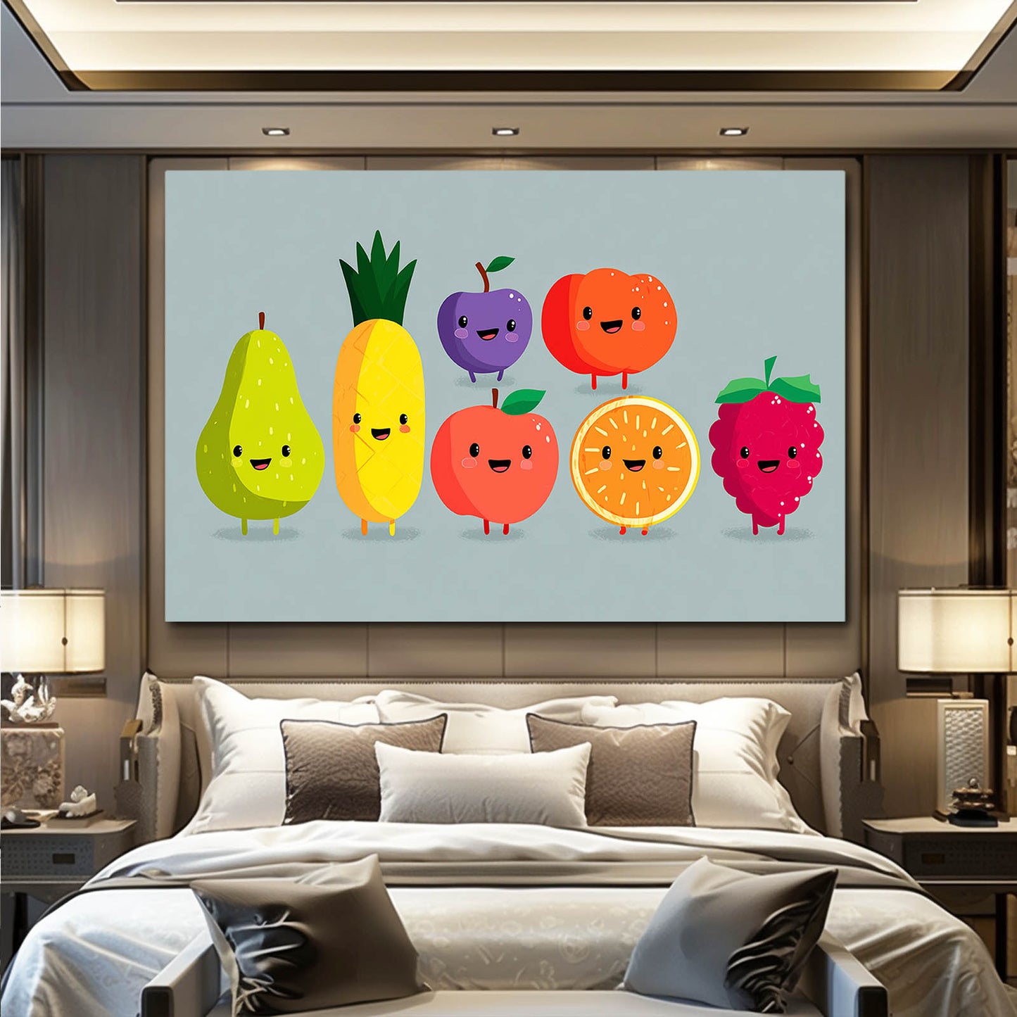 Fruit Family Parade Canvas Art – styled in a furnished interior