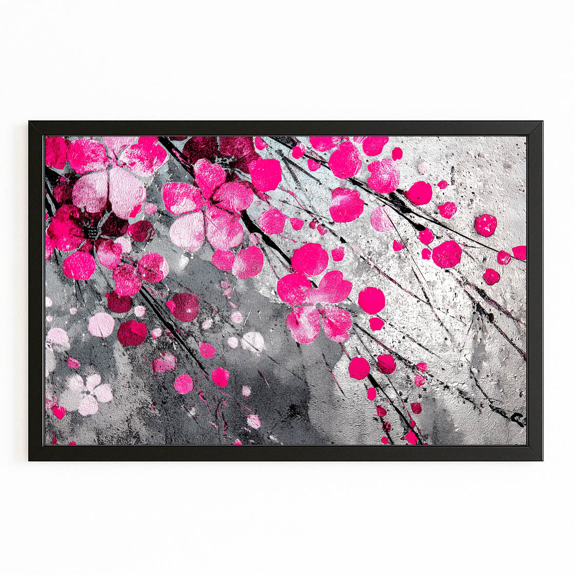 Fuchsia Gray Bloom Cherry Blossom Prints – with Premium Black frame on white background