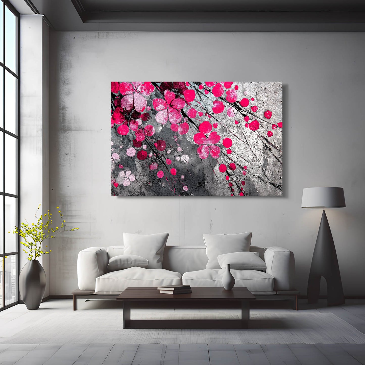 Fuchsia Gray Bloom Cherry Blossom Prints – styled in a furnished interior