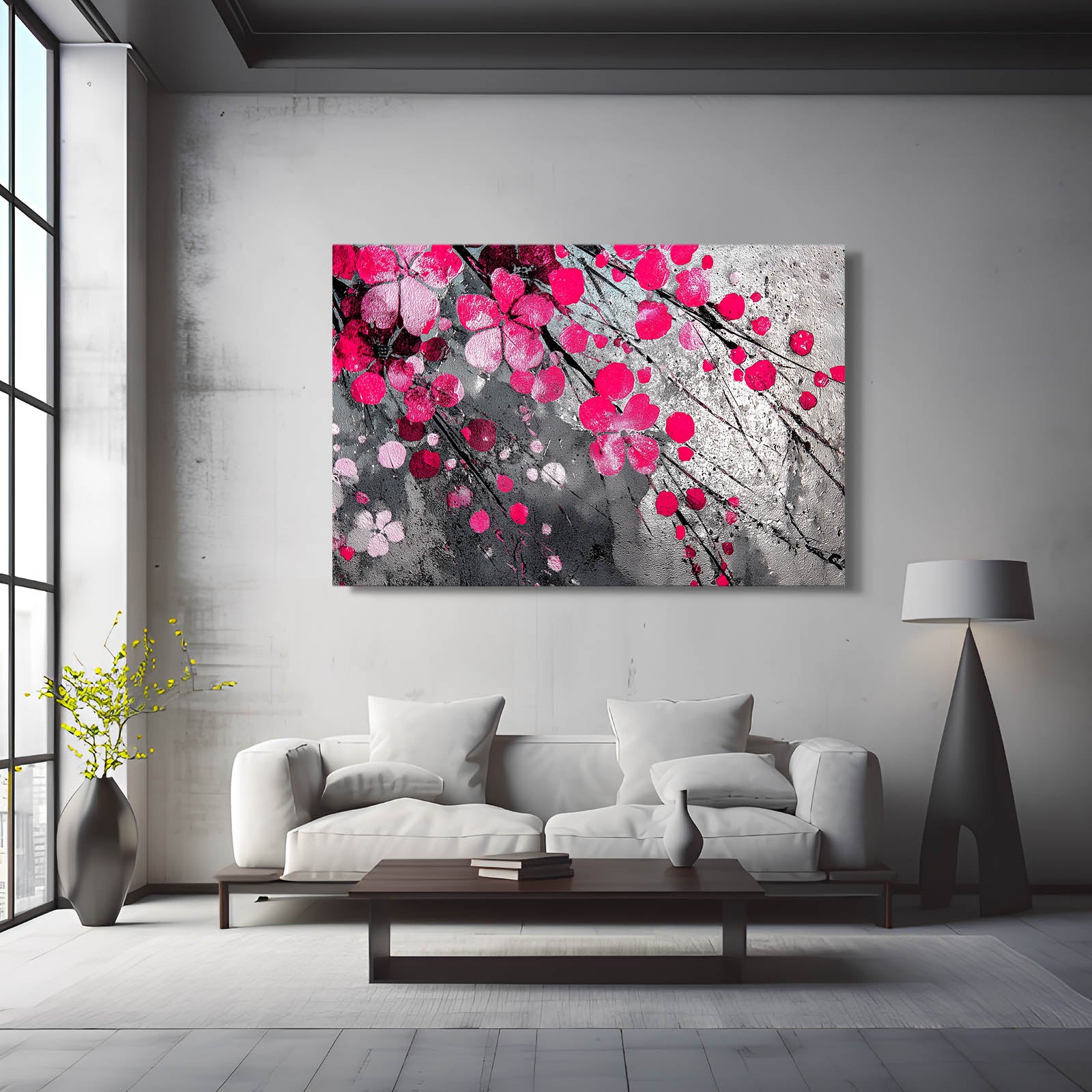 Fuchsia Gray Bloom Cherry Blossom Prints – styled in a furnished interior