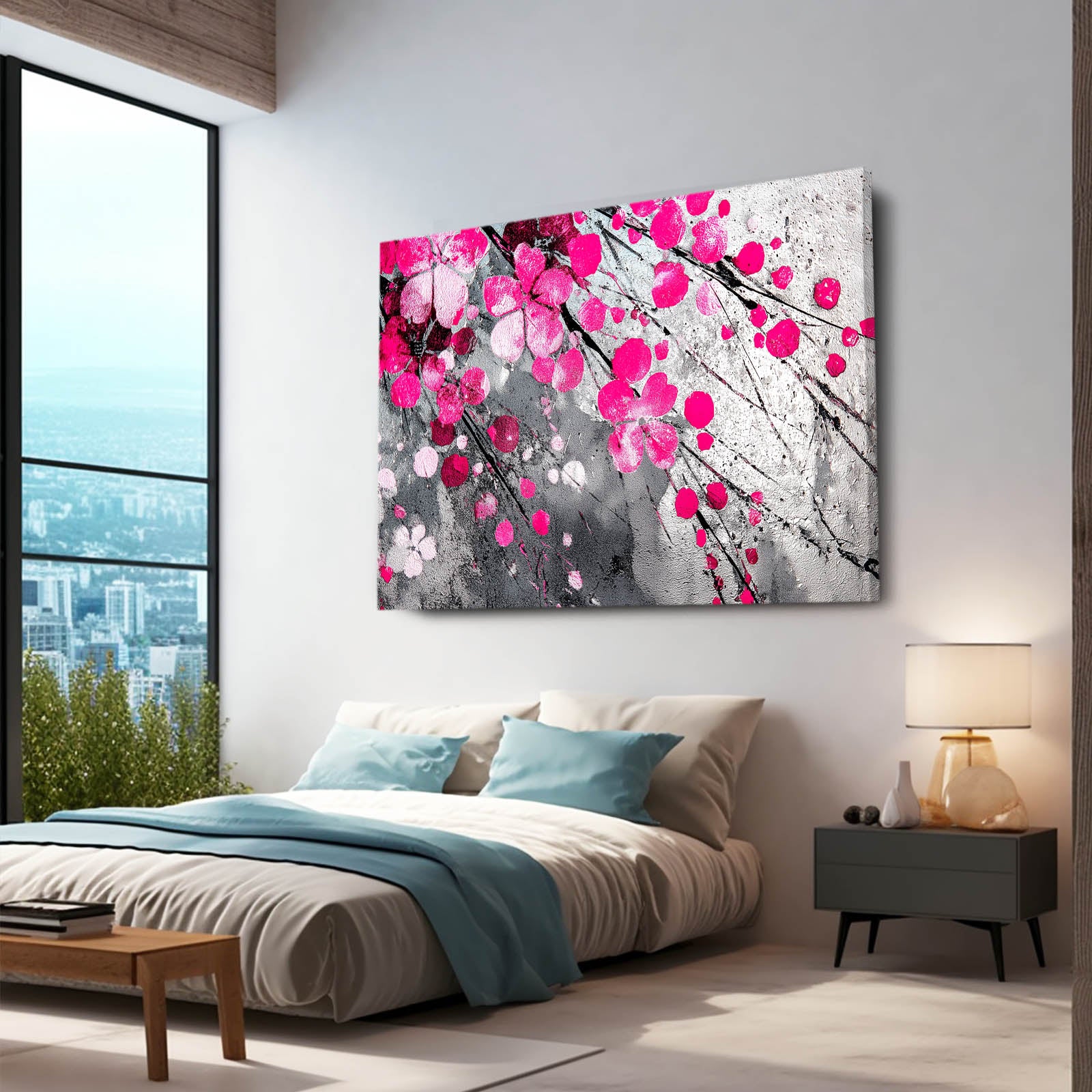 Fuchsia Gray Bloom Cherry Blossom Prints – styled in a furnished interior