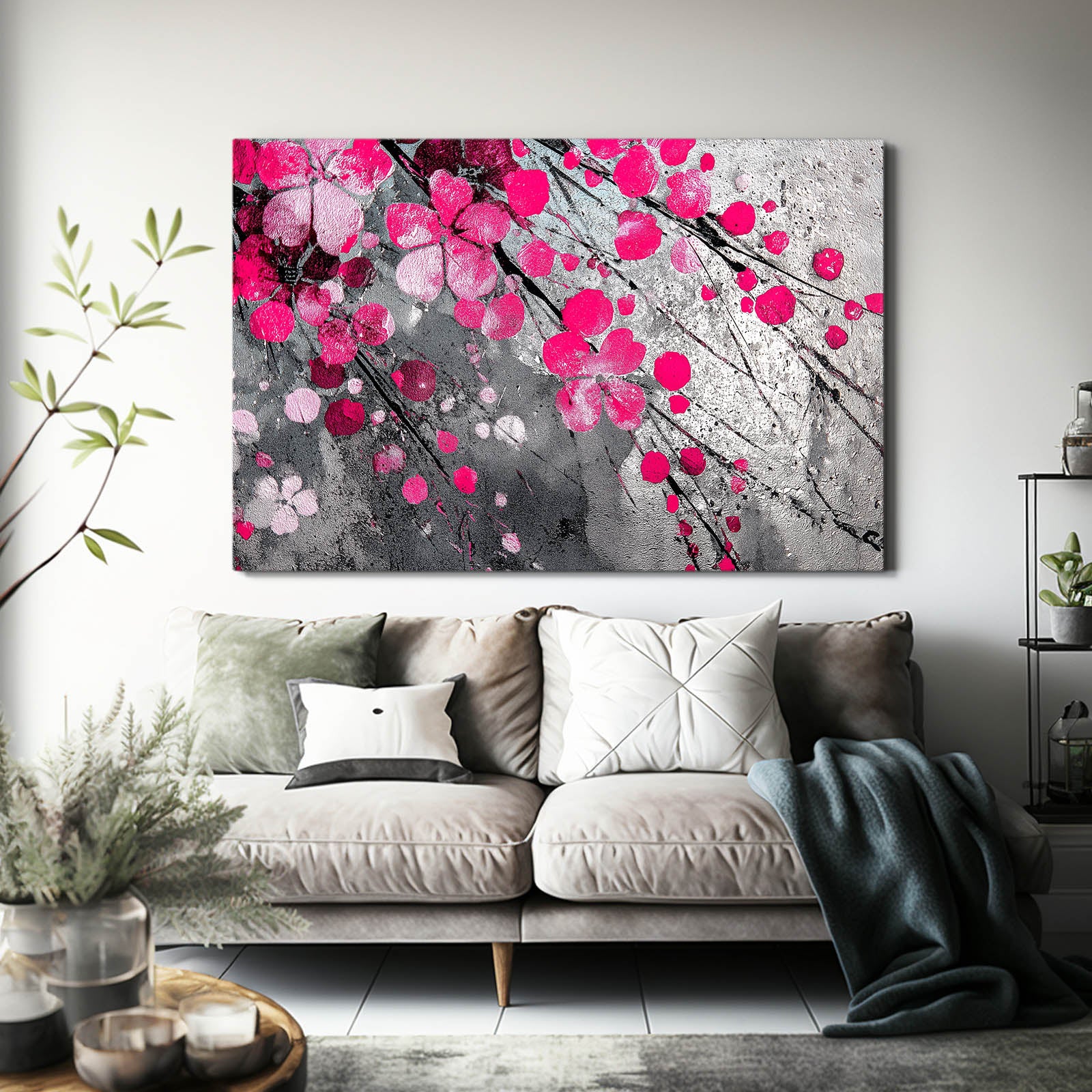Fuchsia Gray Bloom Cherry Blossom Prints – styled in a furnished interior