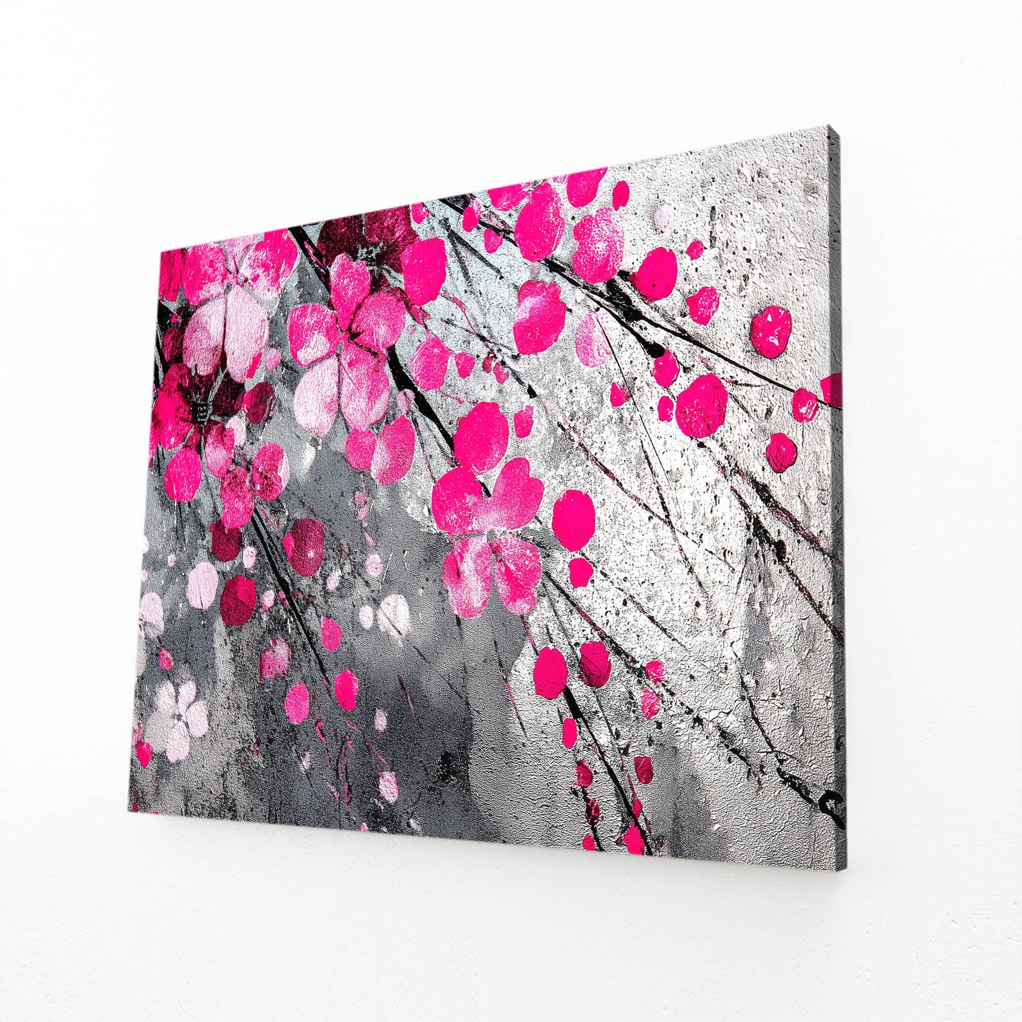 Fuchsia Gray Bloom Cherry Blossom Prints – angled canvas view on white background