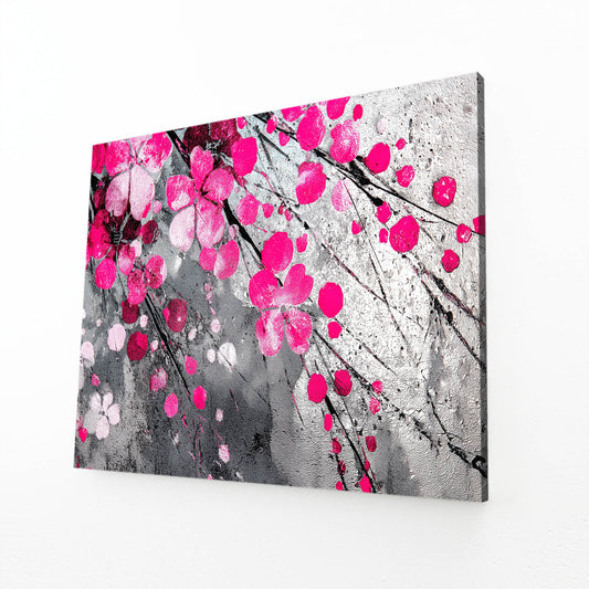 Fuchsia Gray Bloom Cherry Blossom Prints – angled canvas view on white background