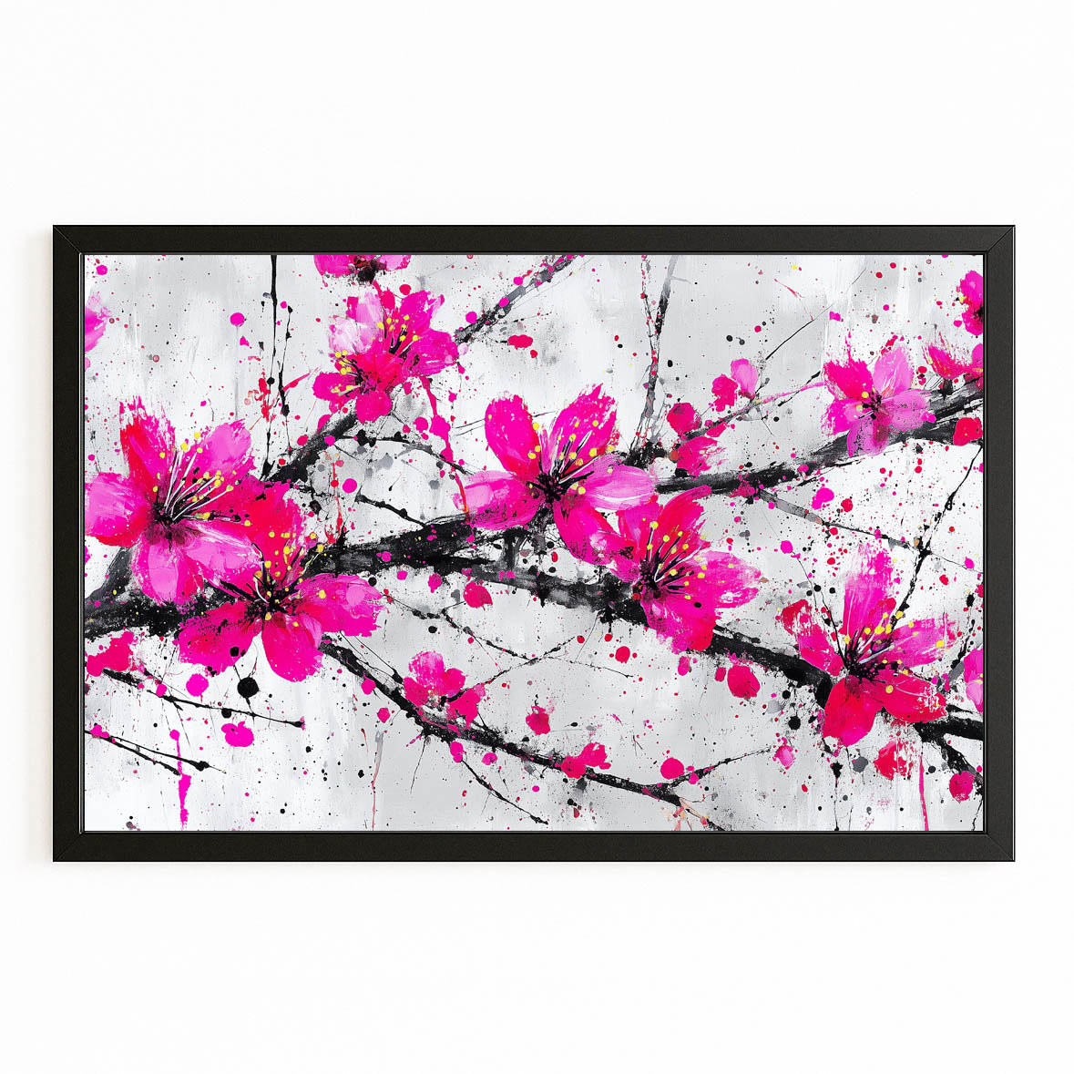 Fuchsia Spray Cherry Blossom Wall Decor – with Premium Black frame on white background
