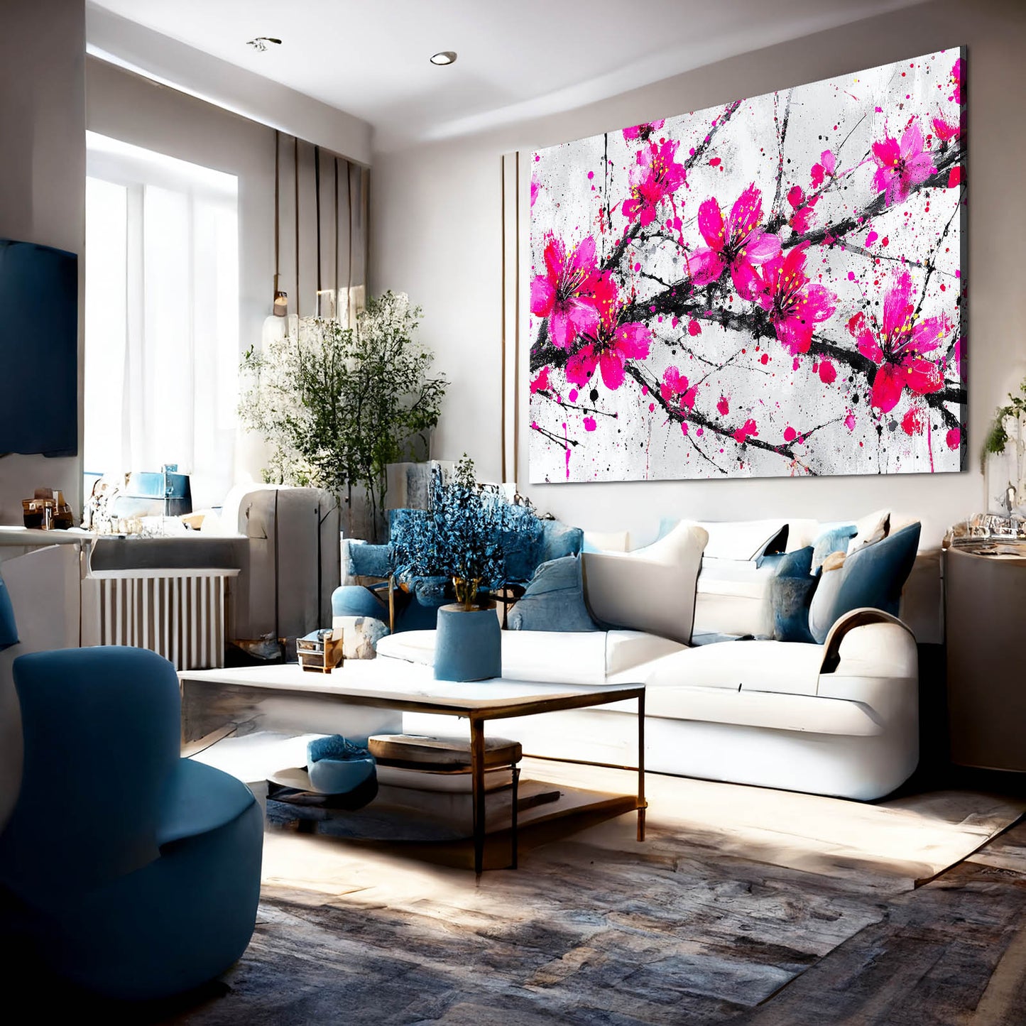 Fuchsia Spray Cherry Blossom Wall Decor – styled in a furnished interior