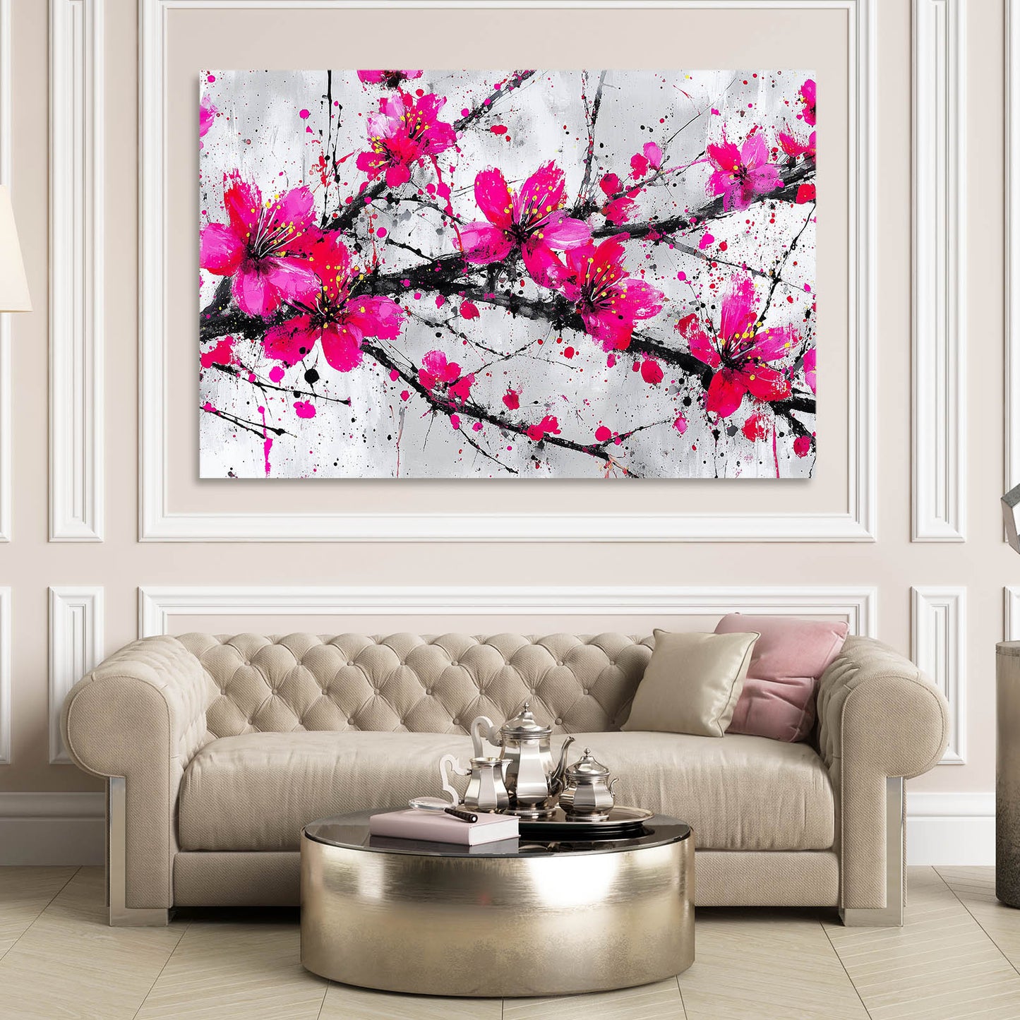 Fuchsia Spray Cherry Blossom Wall Decor – styled in a furnished interior