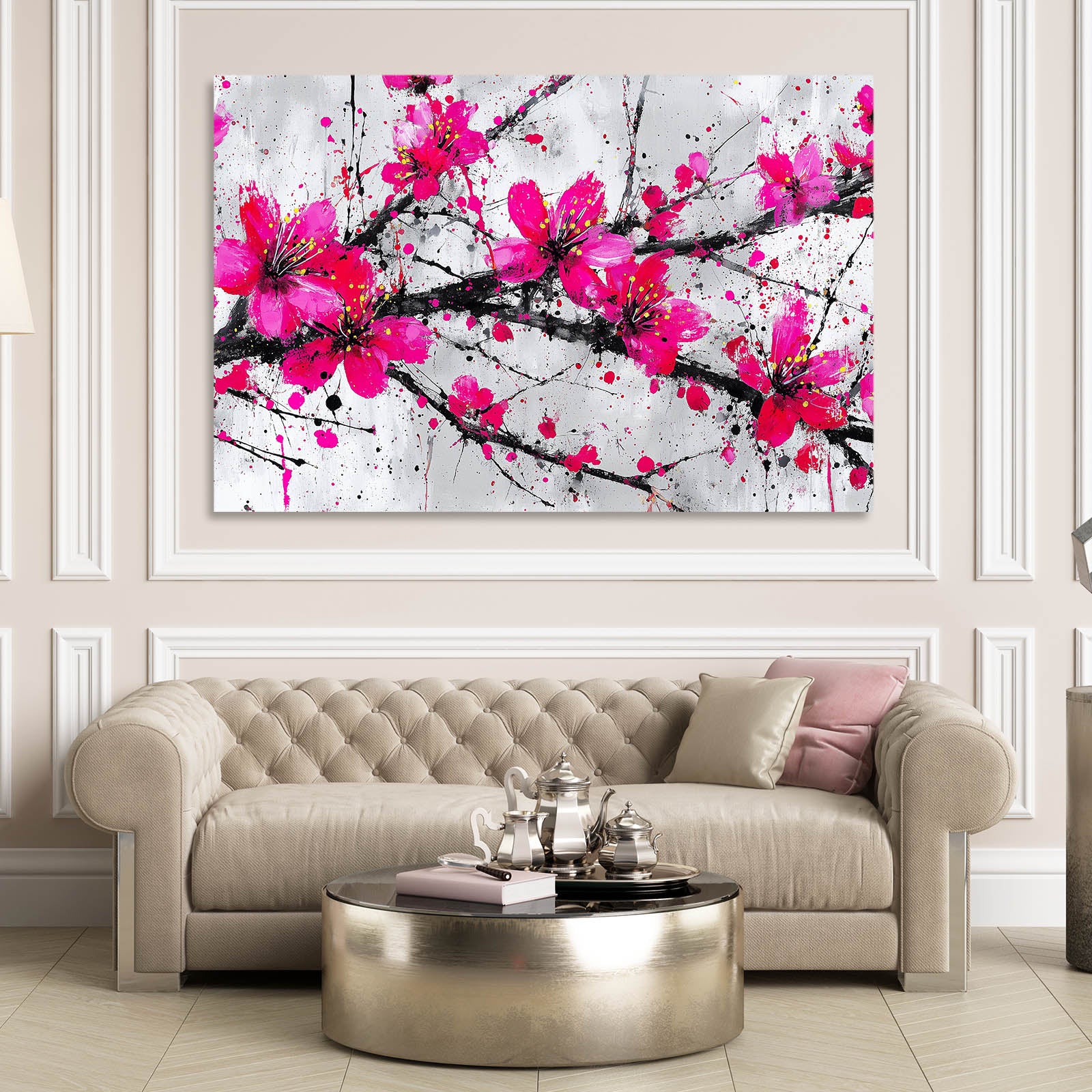 Fuchsia Spray Cherry Blossom Wall Decor – styled in a furnished interior