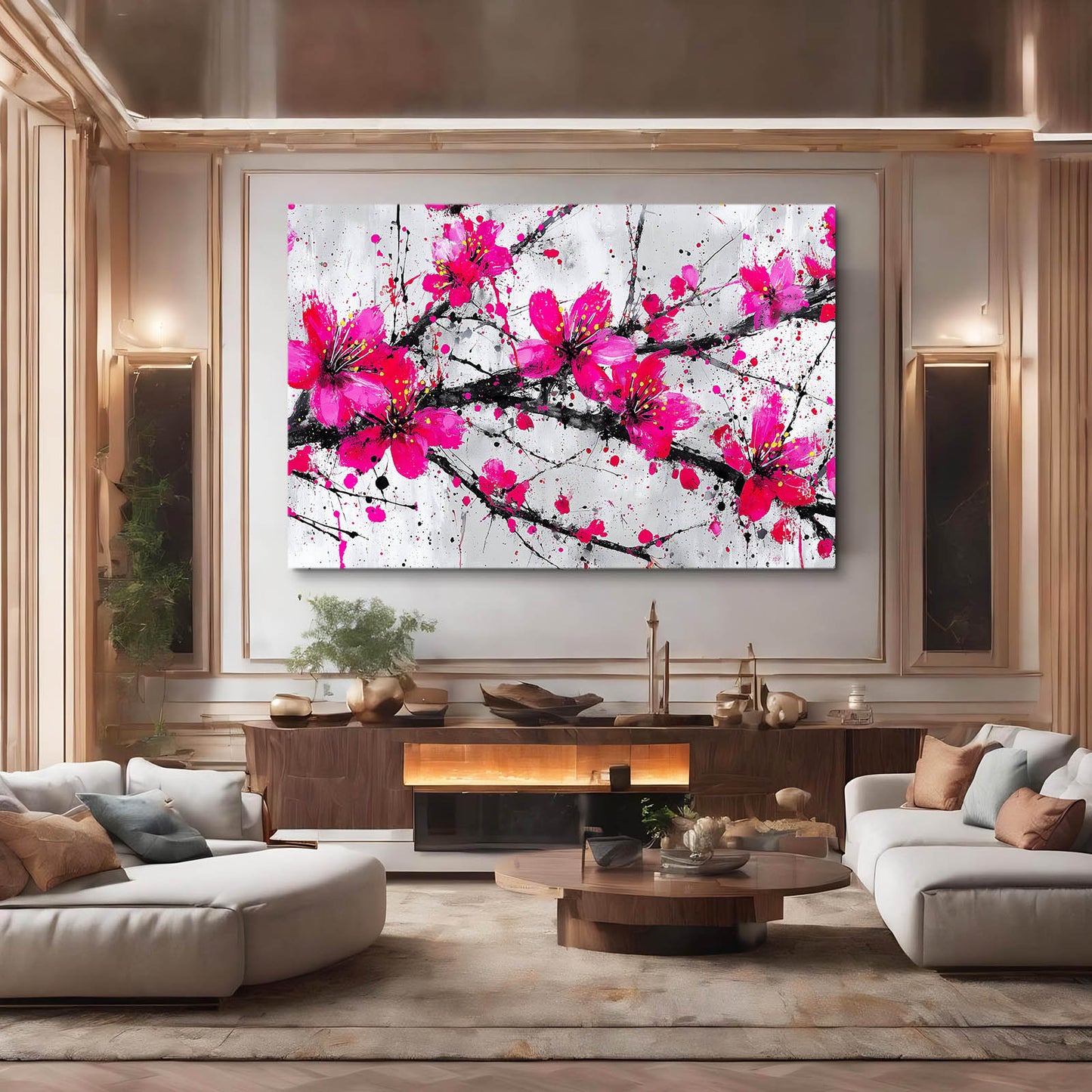 Fuchsia Spray Cherry Blossom Wall Decor – styled in a furnished interior