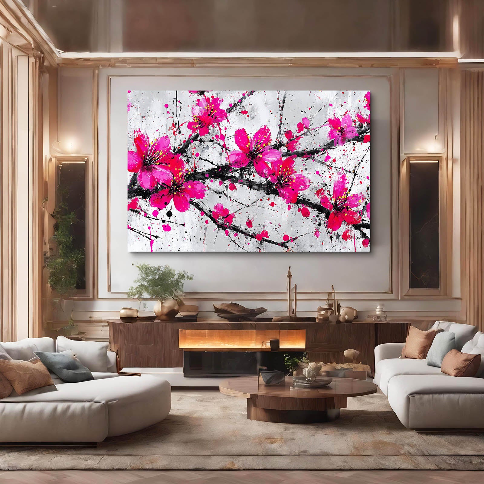 Fuchsia Spray Cherry Blossom Wall Decor – styled in a furnished interior