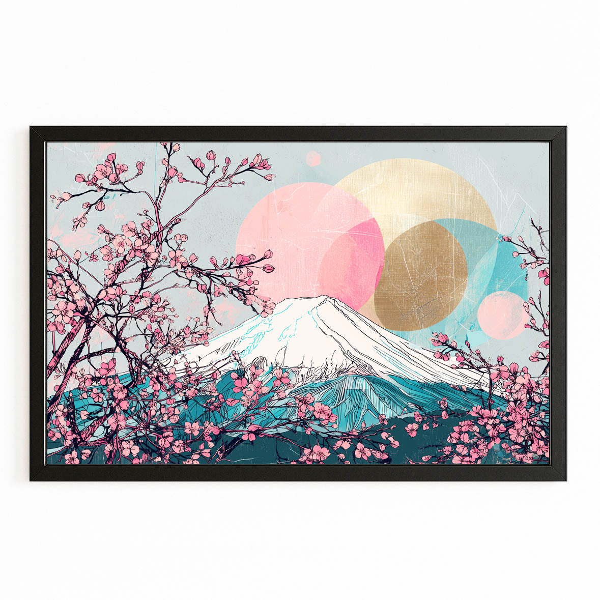 Fuji Gold Circles Cherry Blossom Art – with Premium Black frame on white background