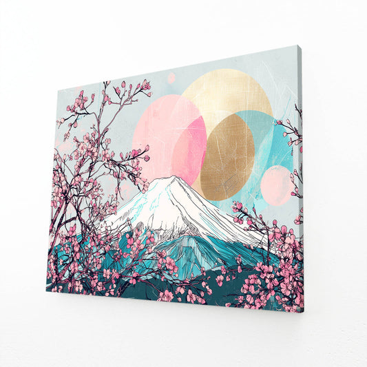 Fuji Gold Circles Cherry Blossom Art – angled canvas view on white background