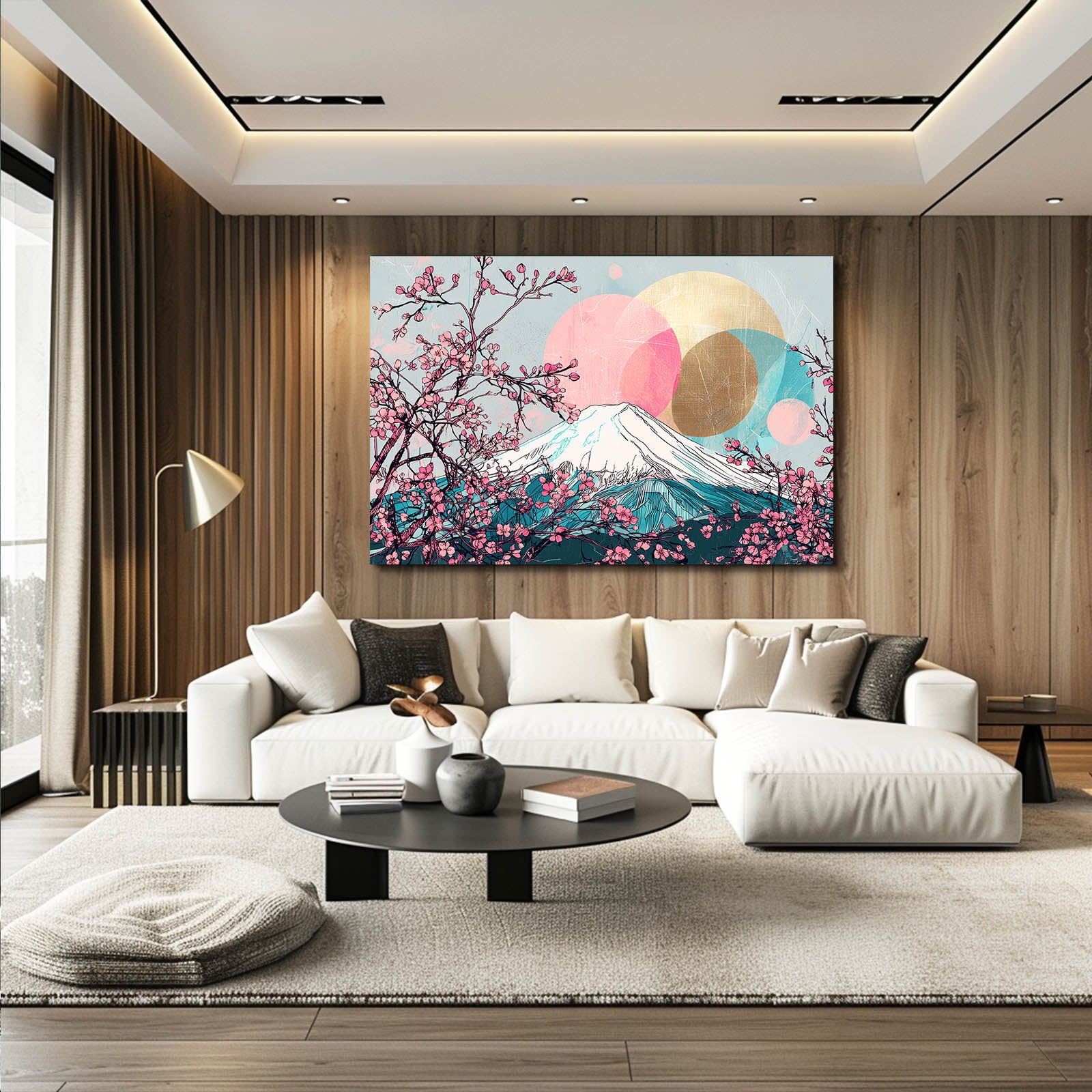 Fuji Gold Circles Cherry Blossom Art – styled in a furnished interior