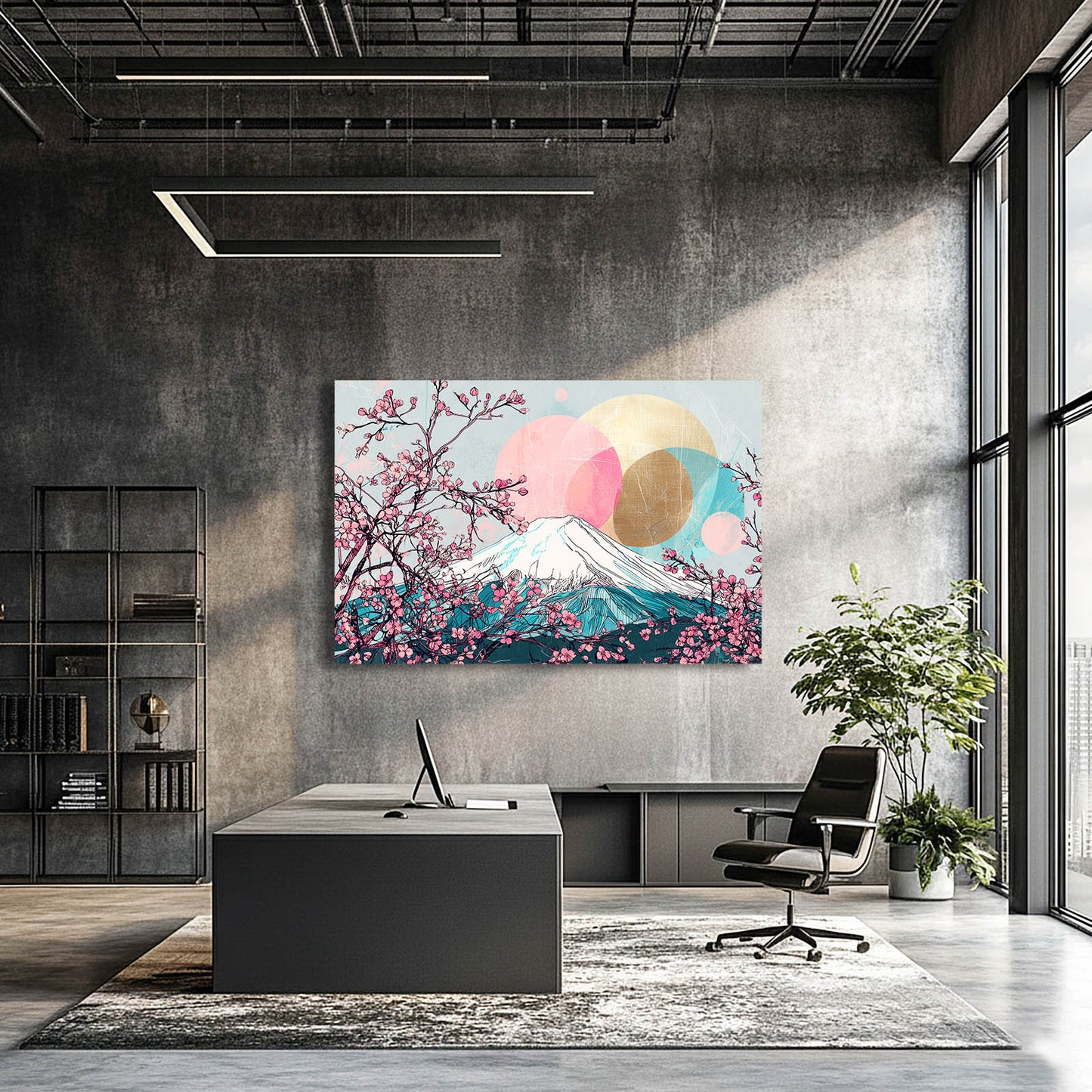Fuji Gold Circles Cherry Blossom Art – styled in a furnished interior