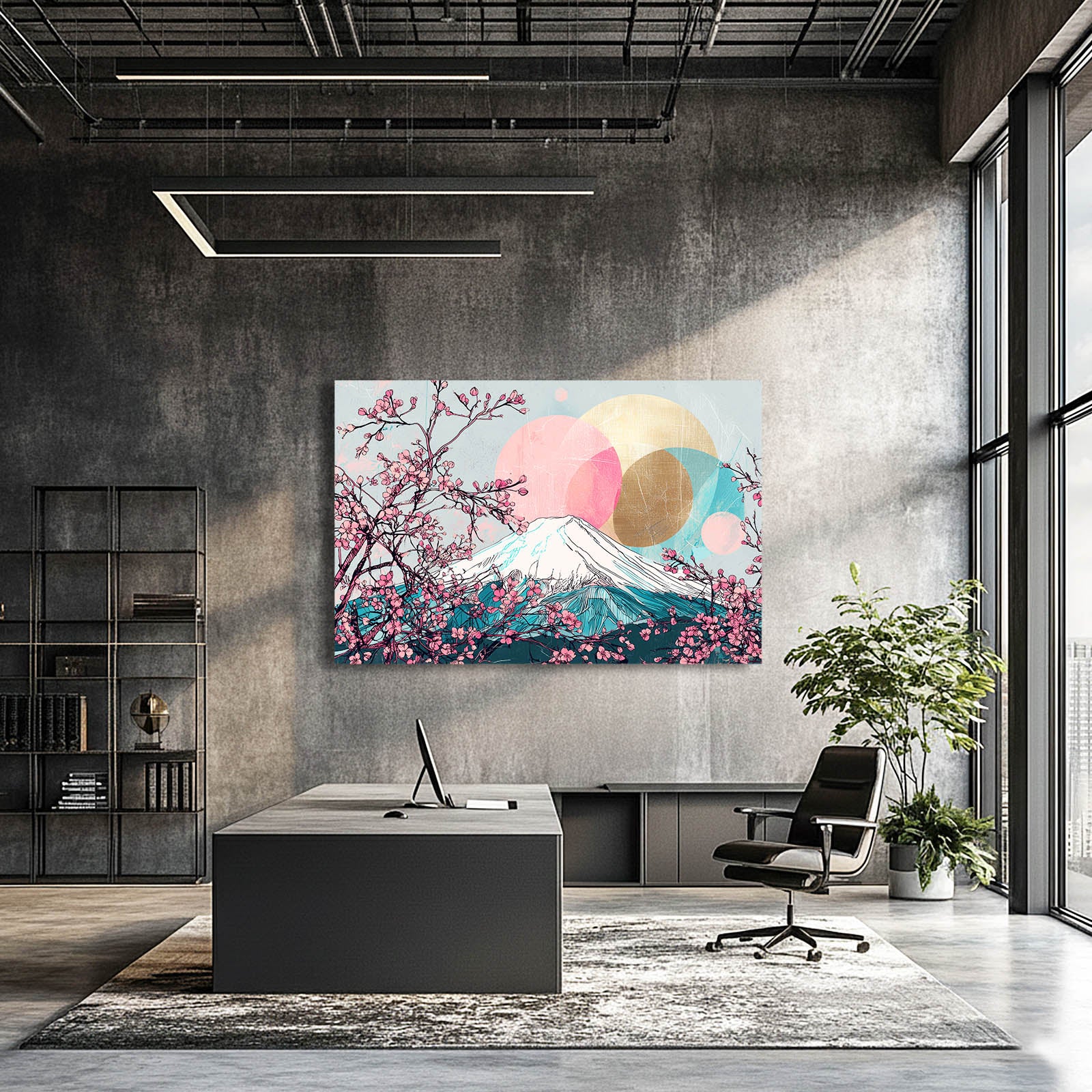 Fuji Gold Circles Cherry Blossom Art – styled in a furnished interior