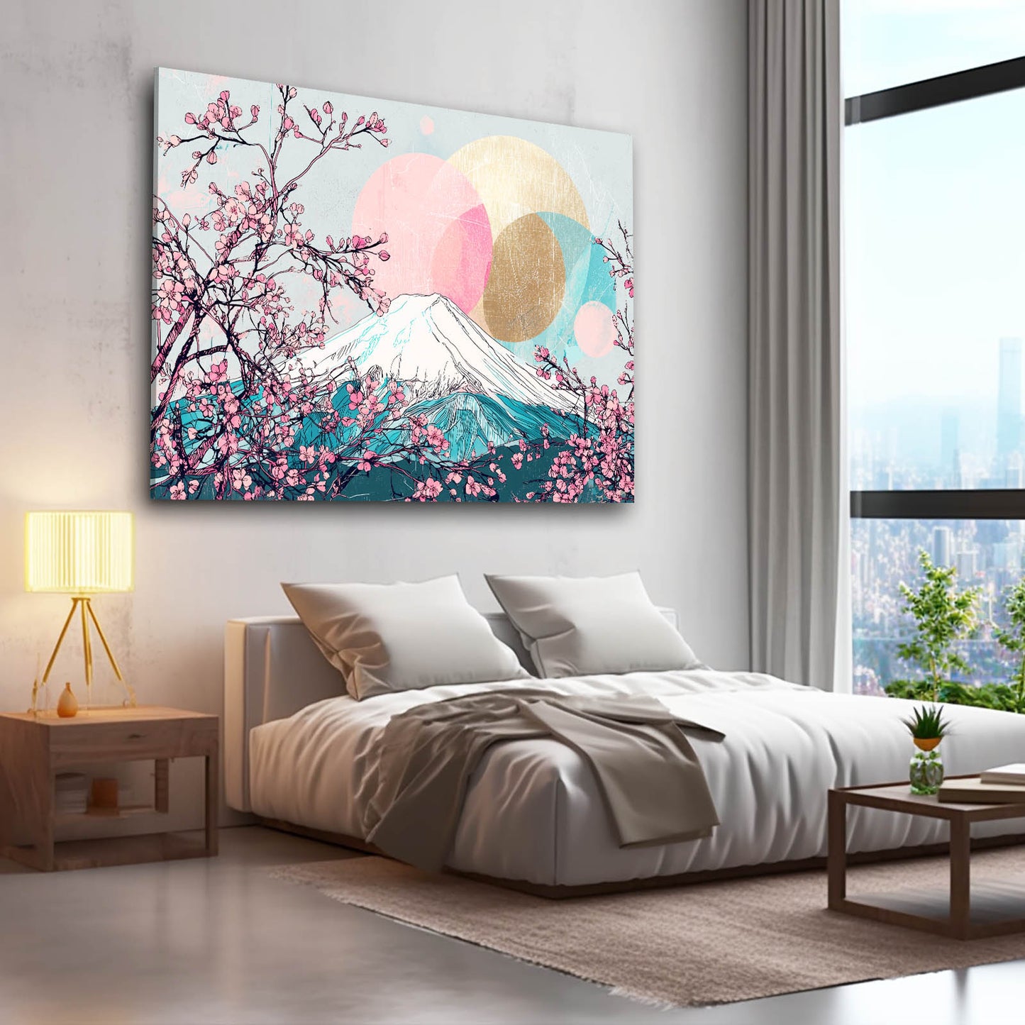 Fuji Gold Circles Cherry Blossom Art – styled in a furnished interior