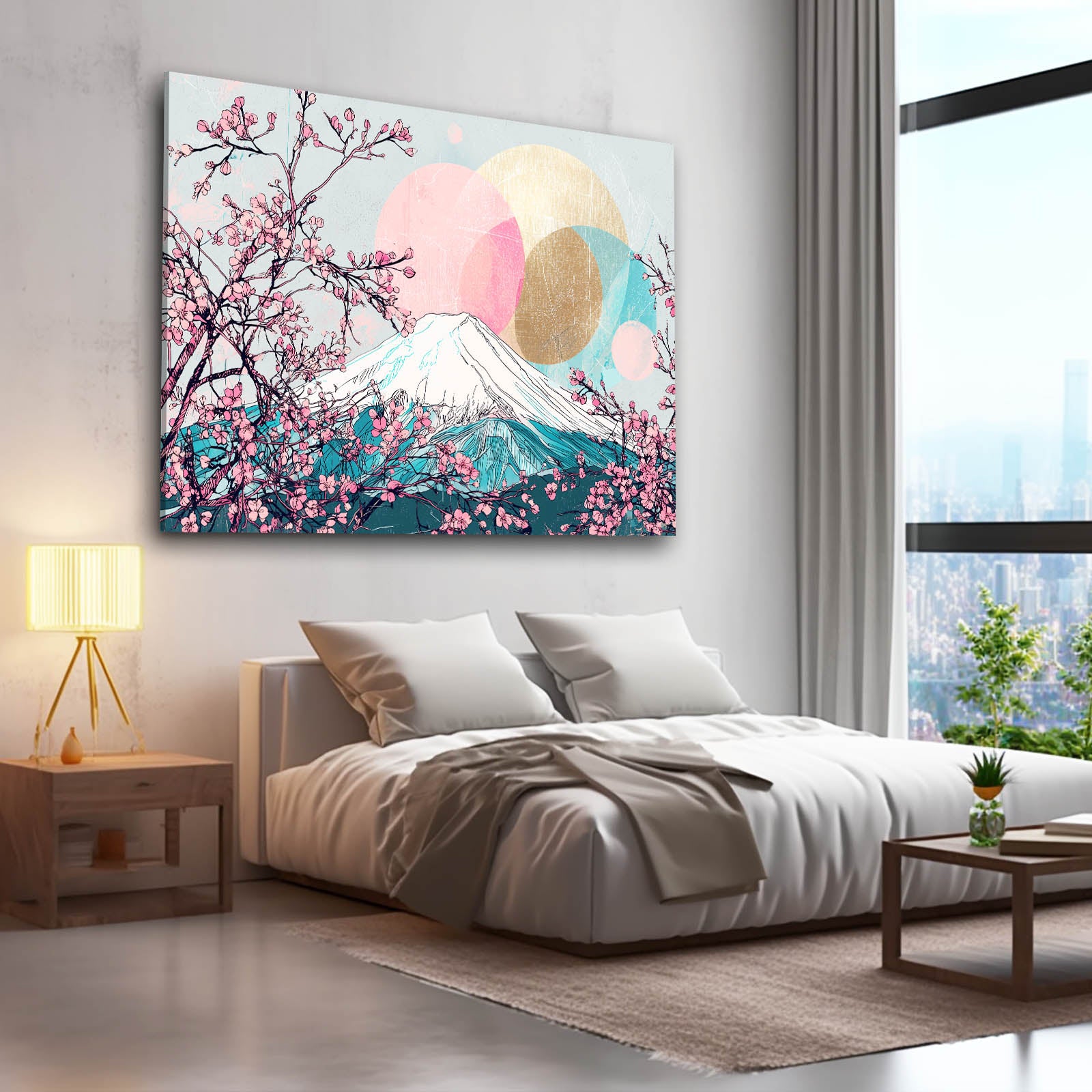 Fuji Gold Circles Cherry Blossom Art – styled in a furnished interior