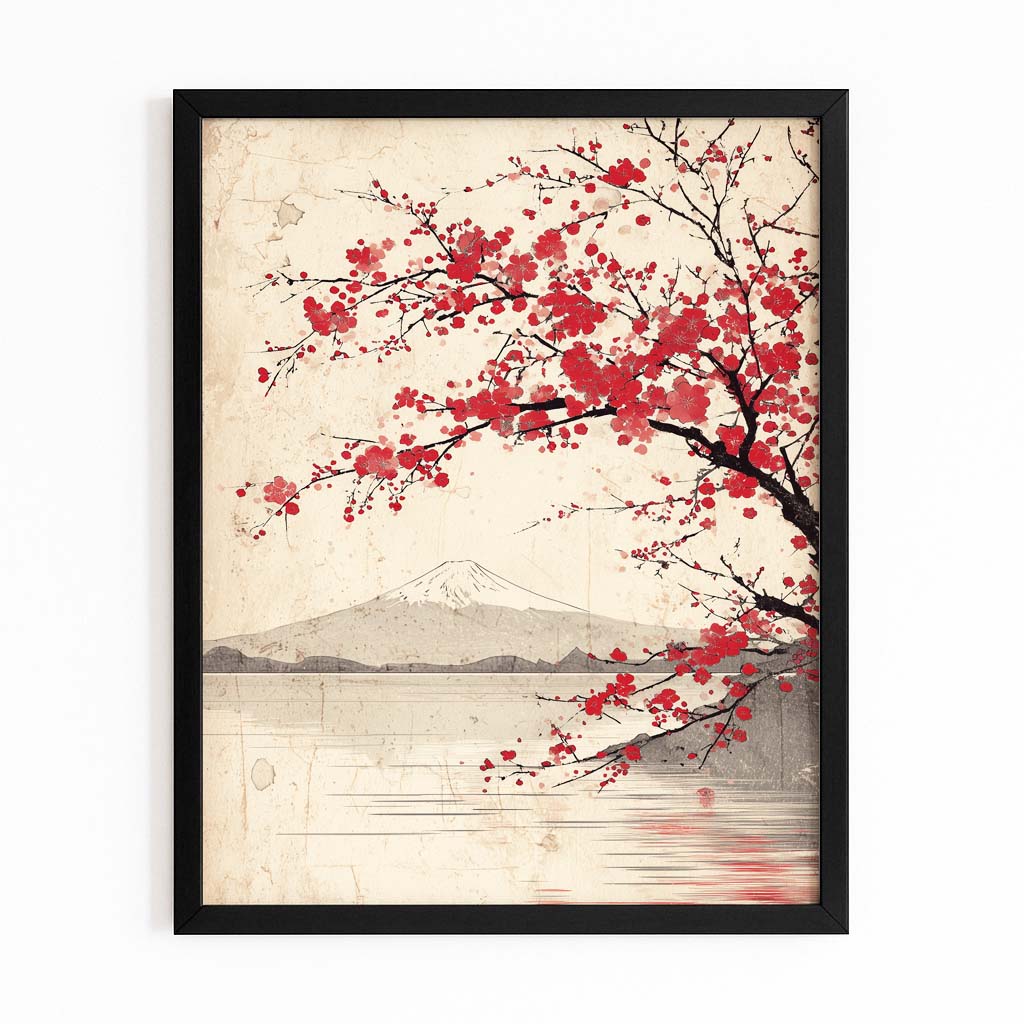 Fuji Lake Branch Cherry Blossom Canvas Art – with Premium Black frame on white background