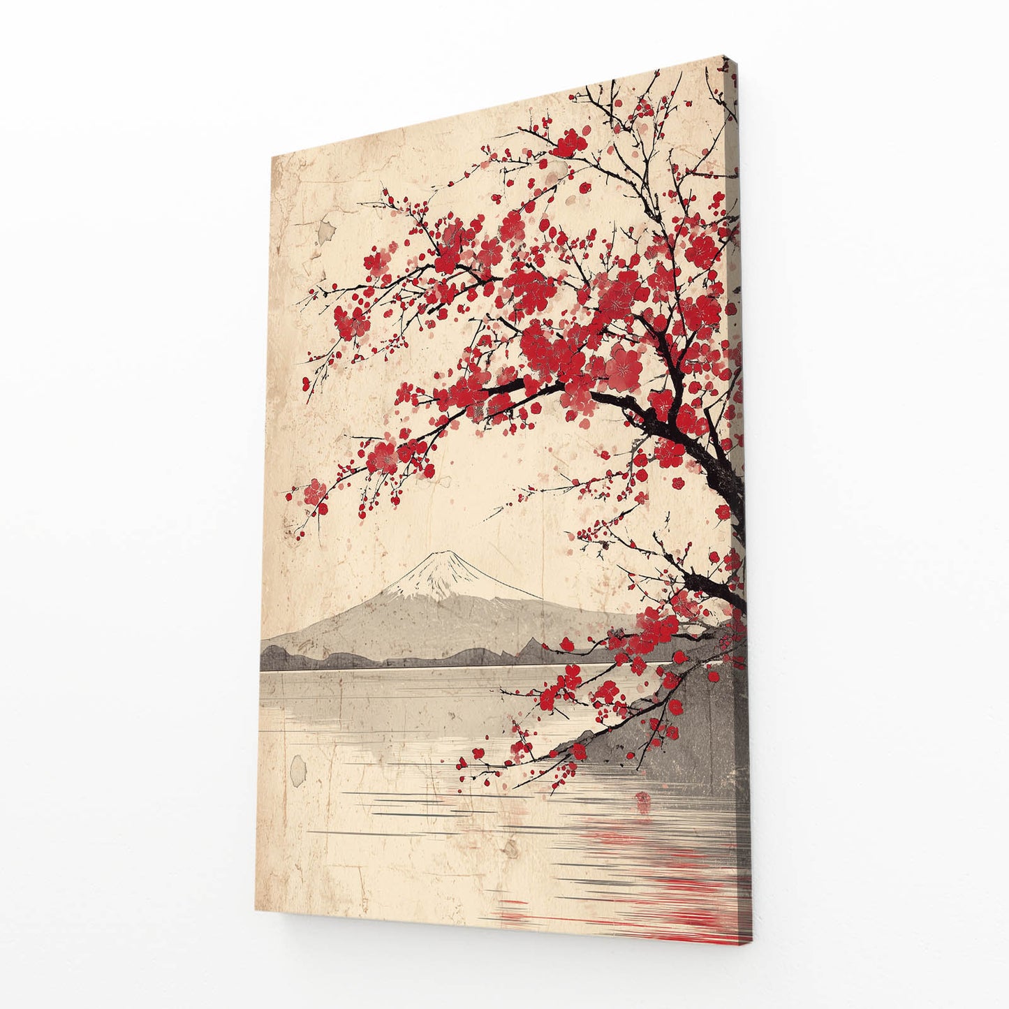 Fuji Lake Branch Cherry Blossom Canvas Art – angled canvas view on white background
