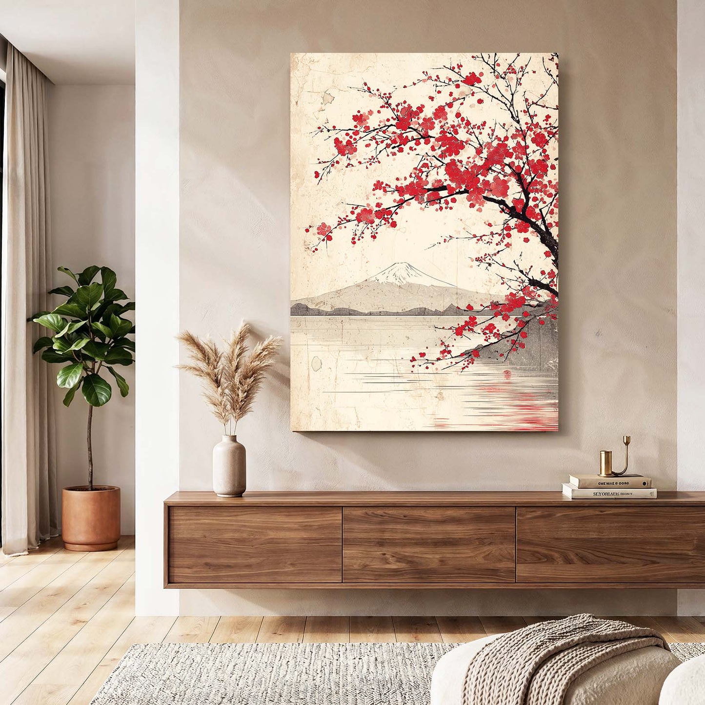 Fuji Lake Branch Cherry Blossom Canvas Art – styled in a furnished interior
