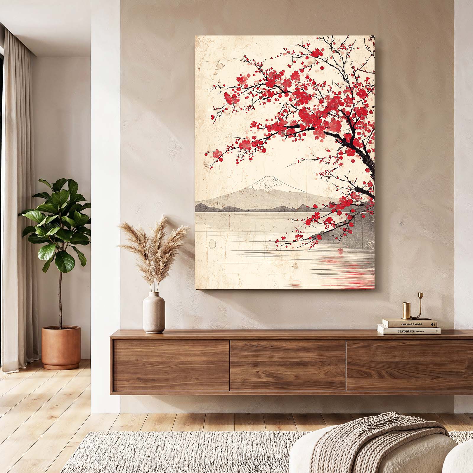 Fuji Lake Branch Cherry Blossom Canvas Art – styled in a furnished interior