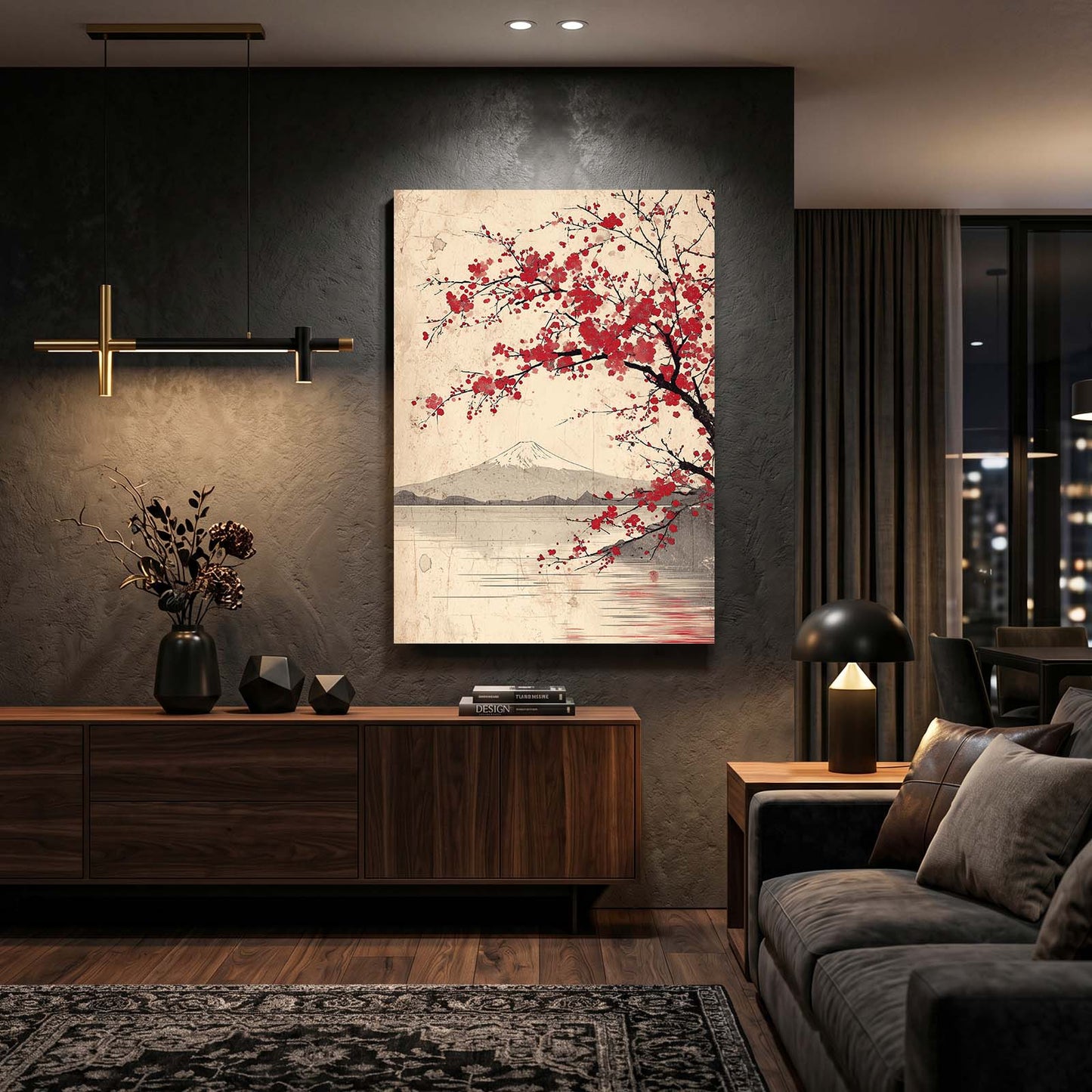 Fuji Lake Branch Cherry Blossom Canvas Art – styled in a furnished interior