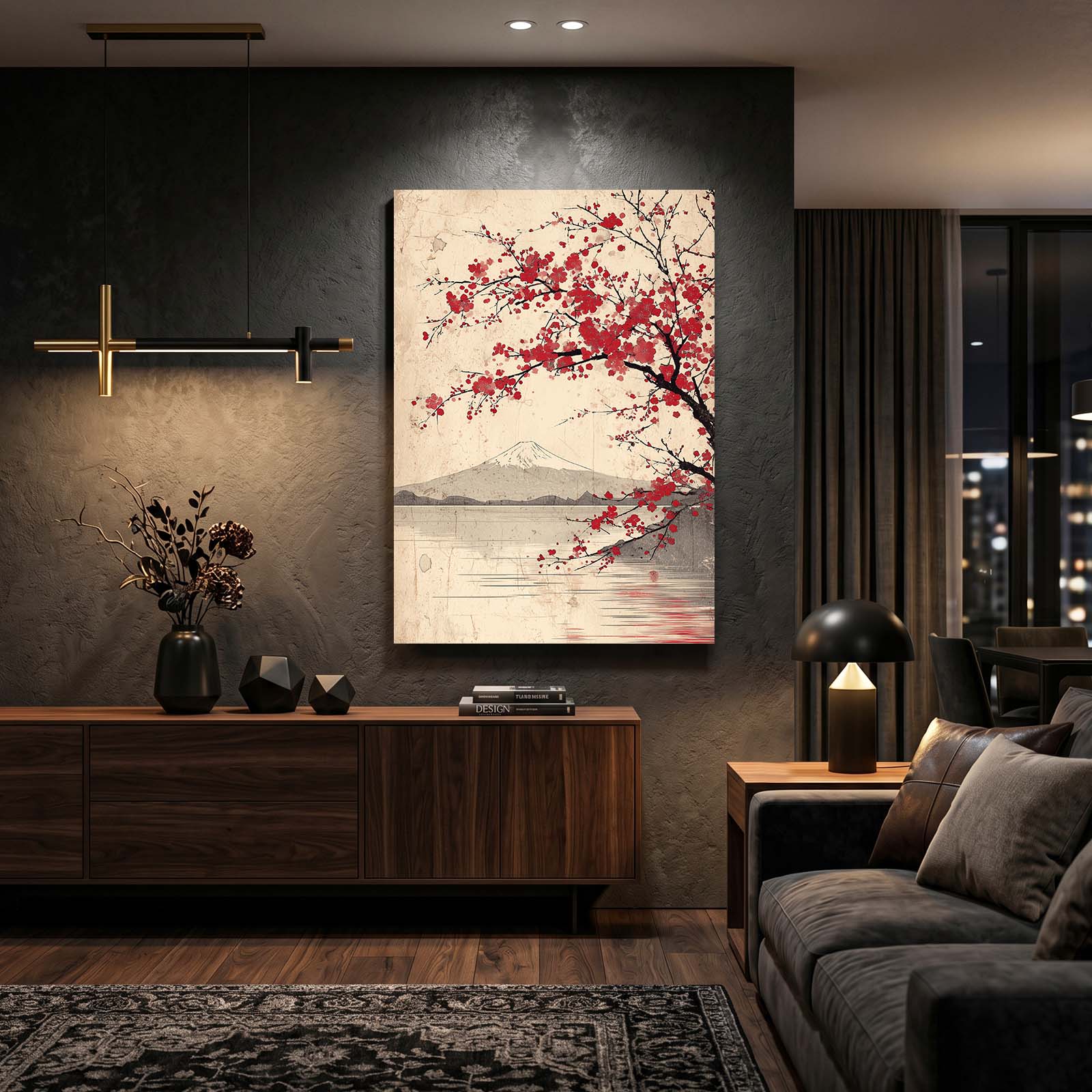 Fuji Lake Branch Cherry Blossom Canvas Art – styled in a furnished interior