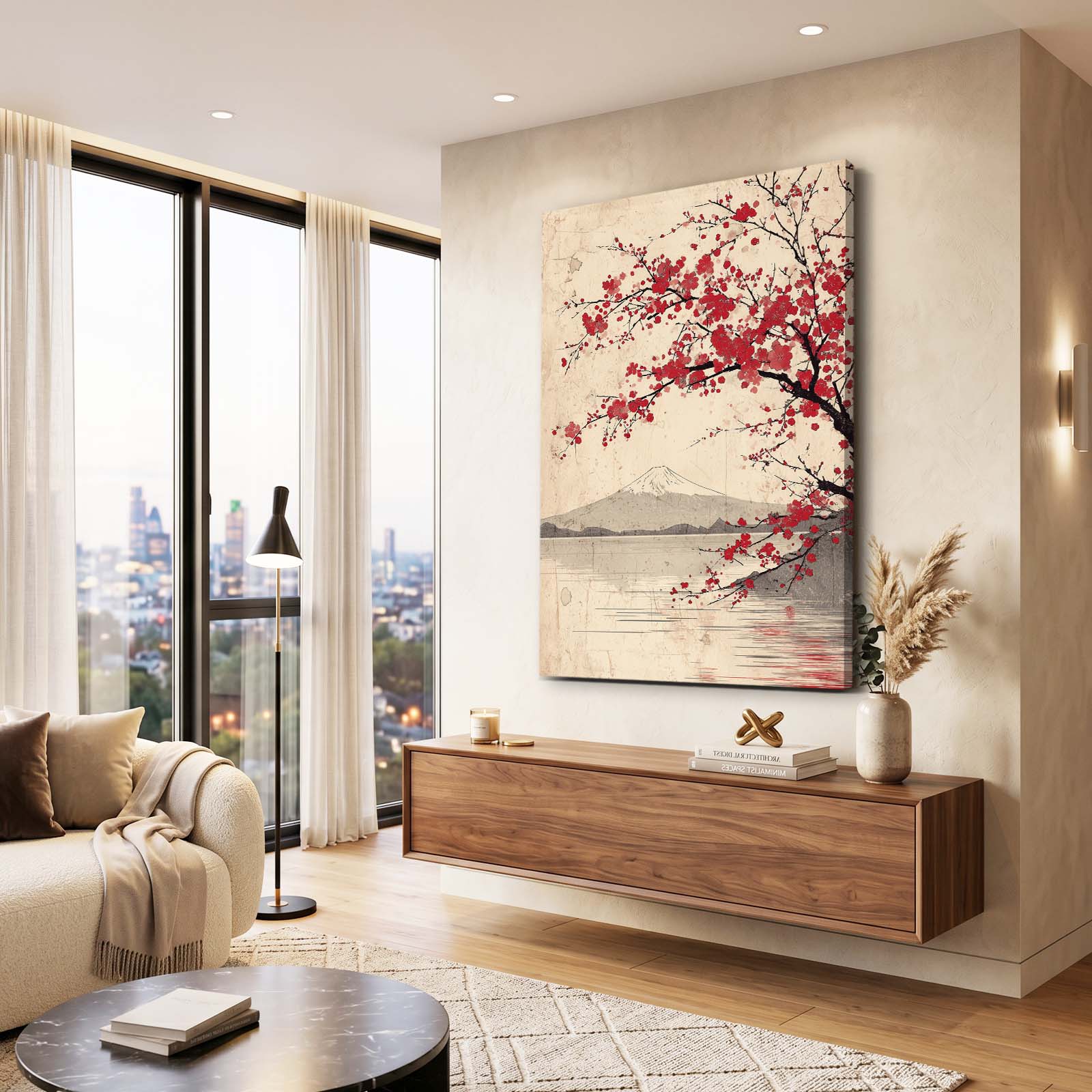 Fuji Lake Branch Cherry Blossom Canvas Art – styled in a furnished interior