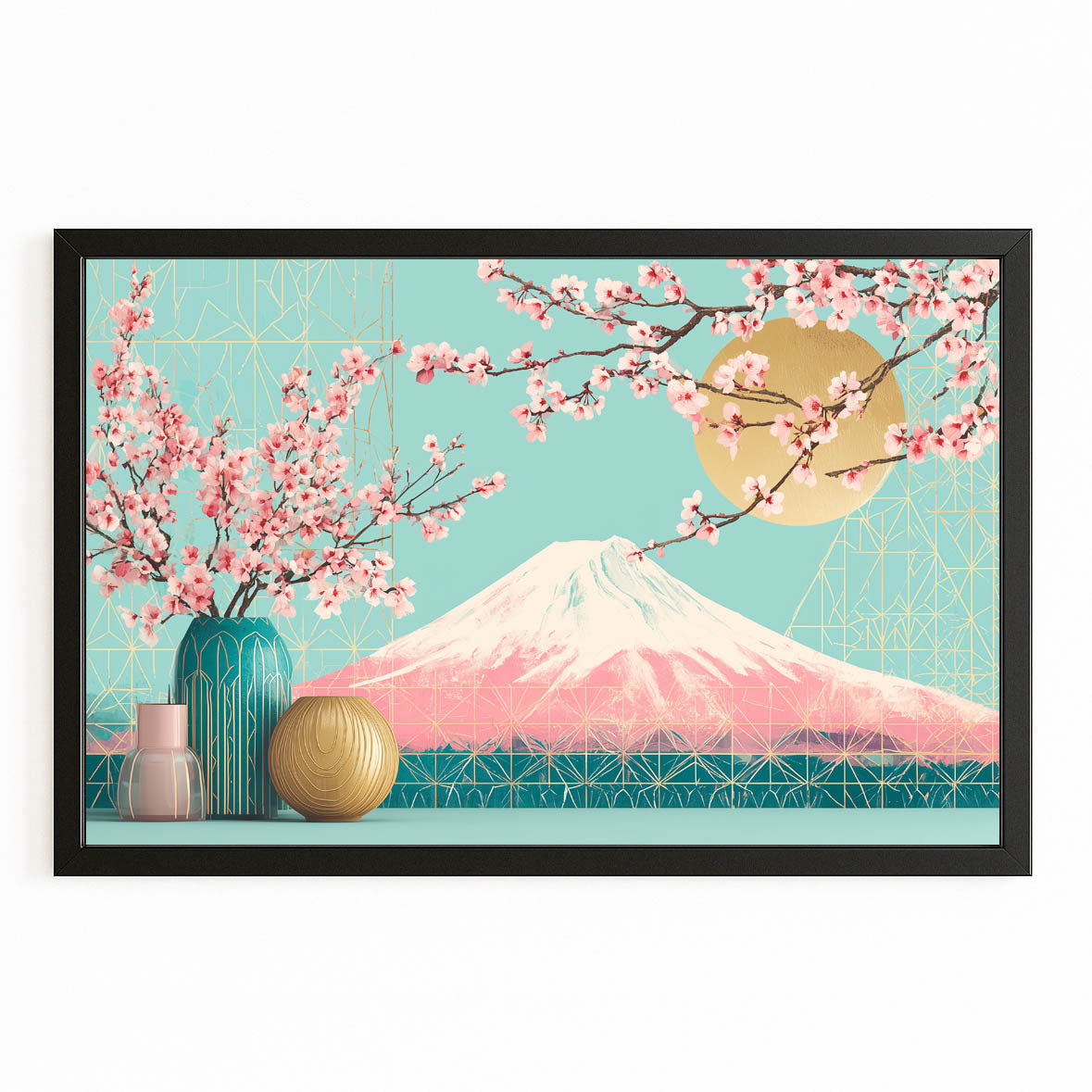 Fuji Vases Cherry Blossom Canvas Art – with Premium Black frame on white background