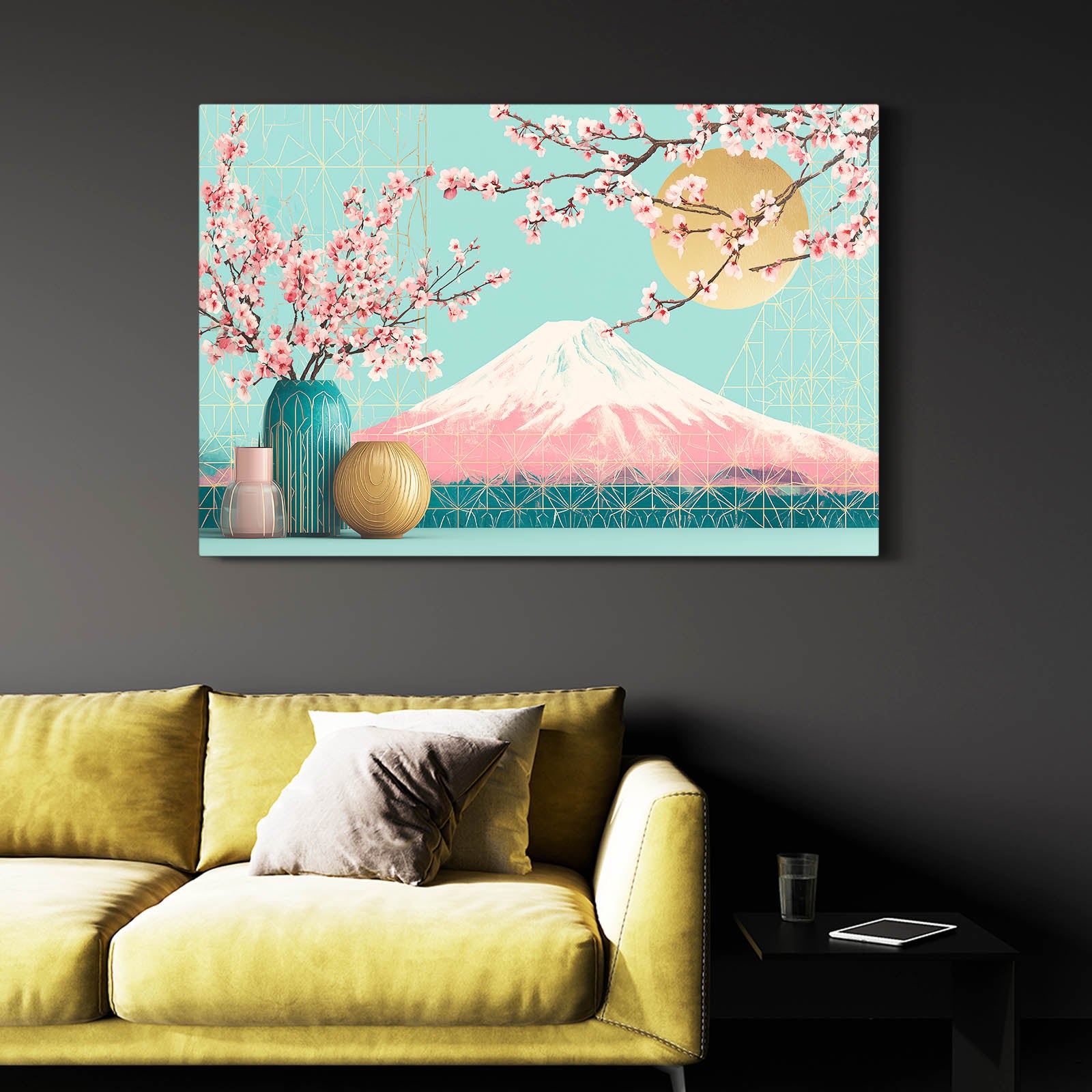 Fuji Vases Cherry Blossom Canvas Art – styled in a furnished interior