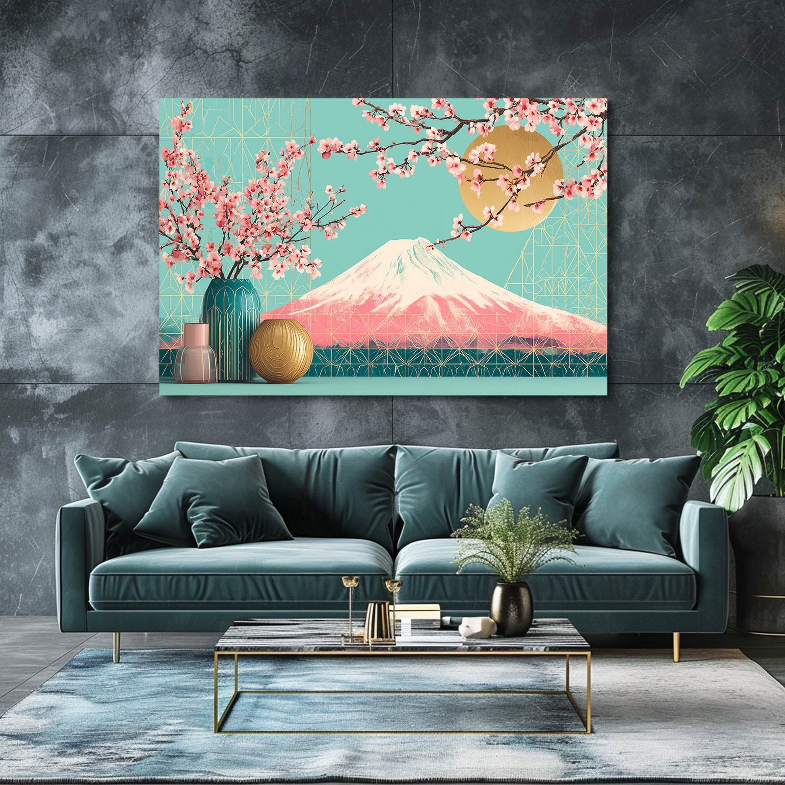 Fuji Vases Cherry Blossom Canvas Art – styled in a furnished interior