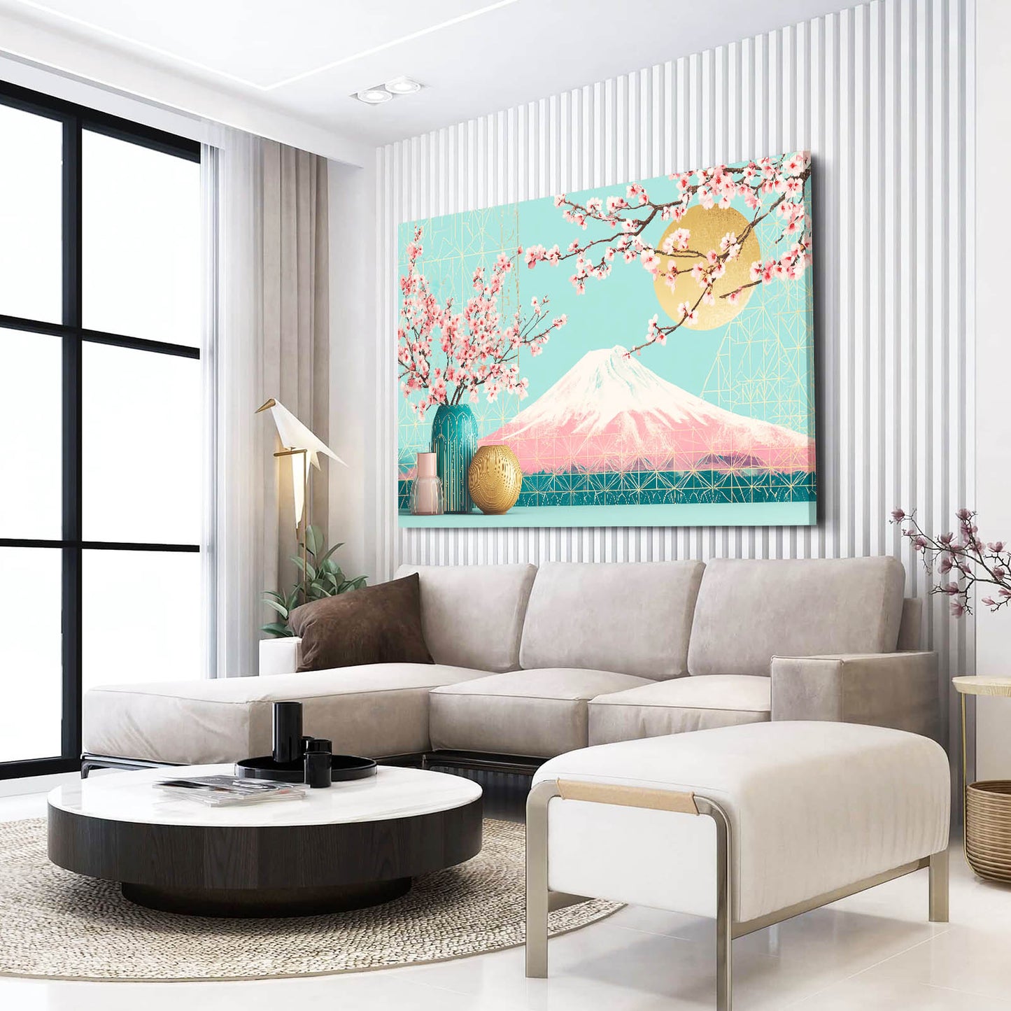 Fuji Vases Cherry Blossom Canvas Art – styled in a furnished interior