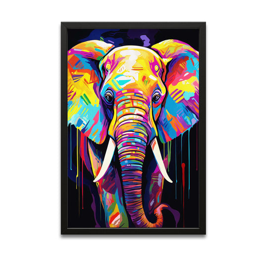 Full Colors Elephant Wall Art — contemporary canvas print in blue tones, with Premium Black frame on white background