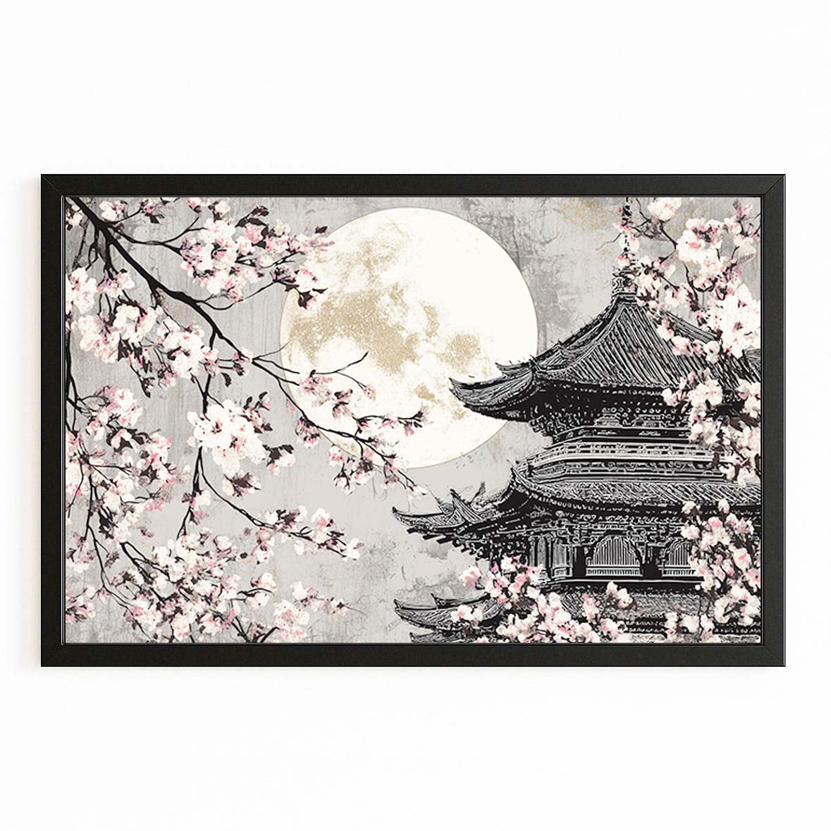 Full Moon Pagoda Cherry Blossom Canvas Art – with Premium Black frame on white background