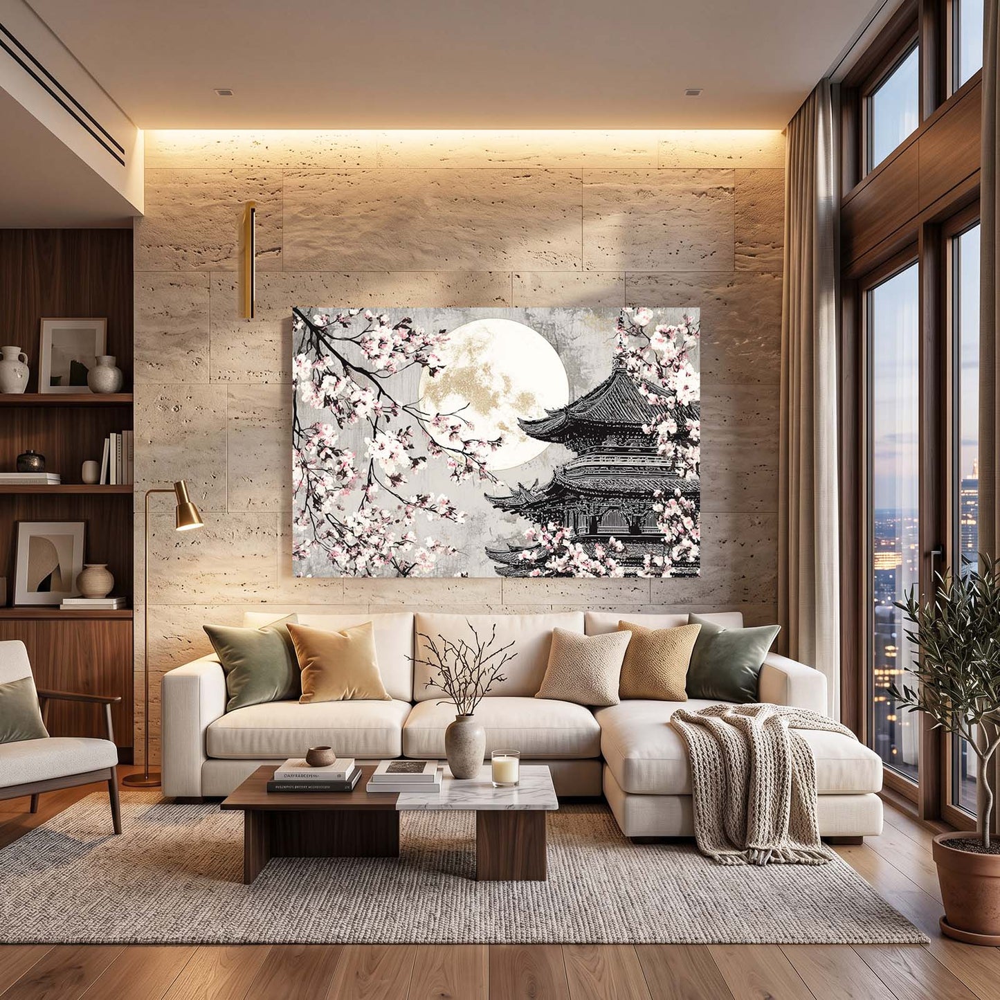 Full Moon Pagoda Cherry Blossom Canvas Art – styled in a furnished interior