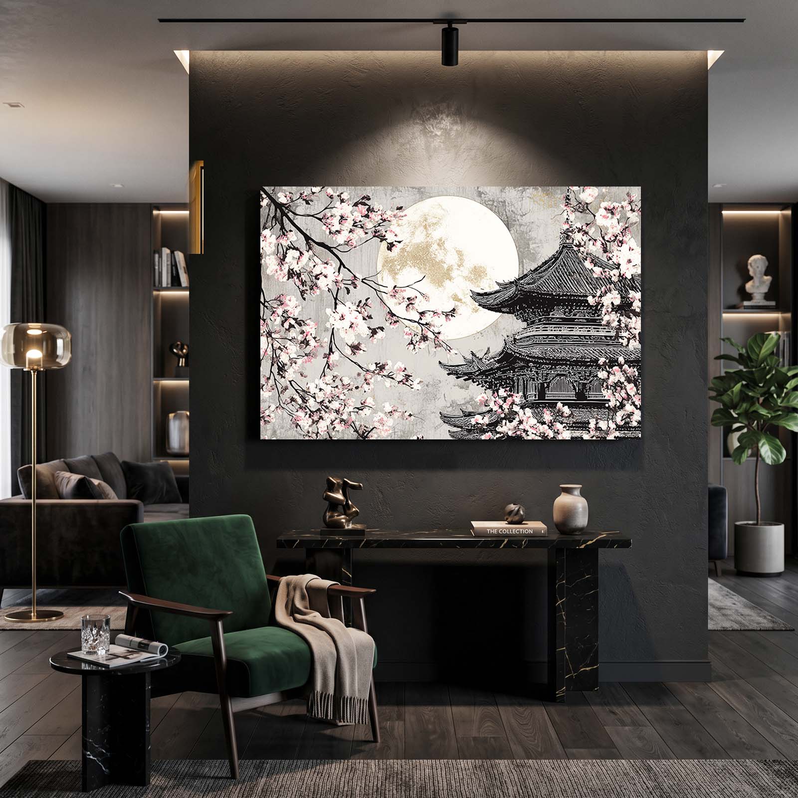 Full Moon Pagoda Cherry Blossom Canvas Art – styled in a furnished interior