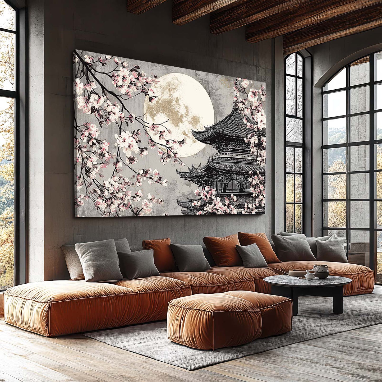Full Moon Pagoda Cherry Blossom Canvas Art – styled in a furnished interior