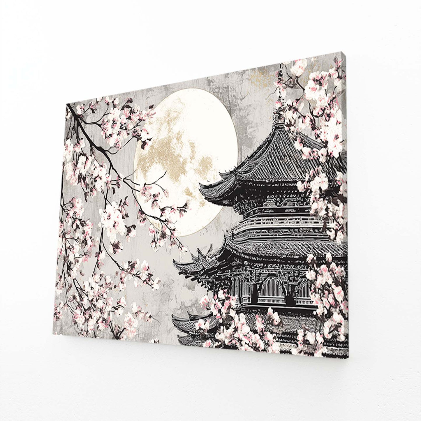 Full Moon Pagoda Cherry Blossom Canvas Art – angled canvas view on white background