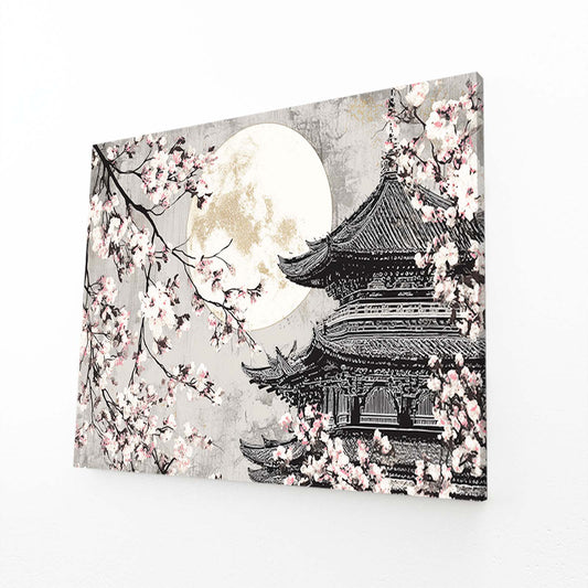 Full Moon Pagoda Cherry Blossom Canvas Art – angled canvas view on white background