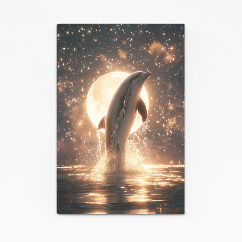 Full Moon Rise Dolphin Art – dolphin rising in front of a glowing full moon over a gold-sparkled sea