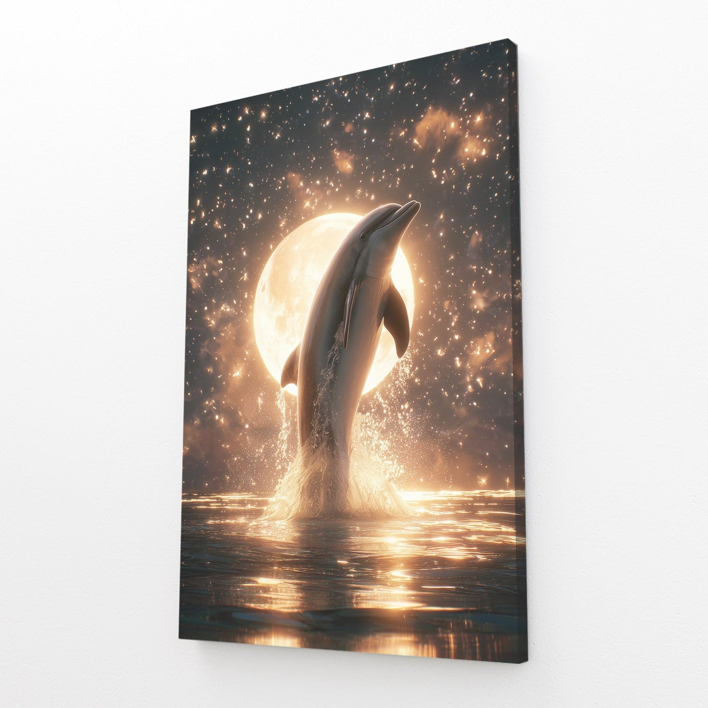 Full Moon Rise Dolphin Art – angled canvas view on white background