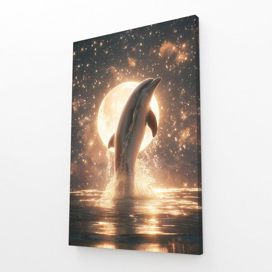 Full Moon Rise Dolphin Art – angled canvas view on white background