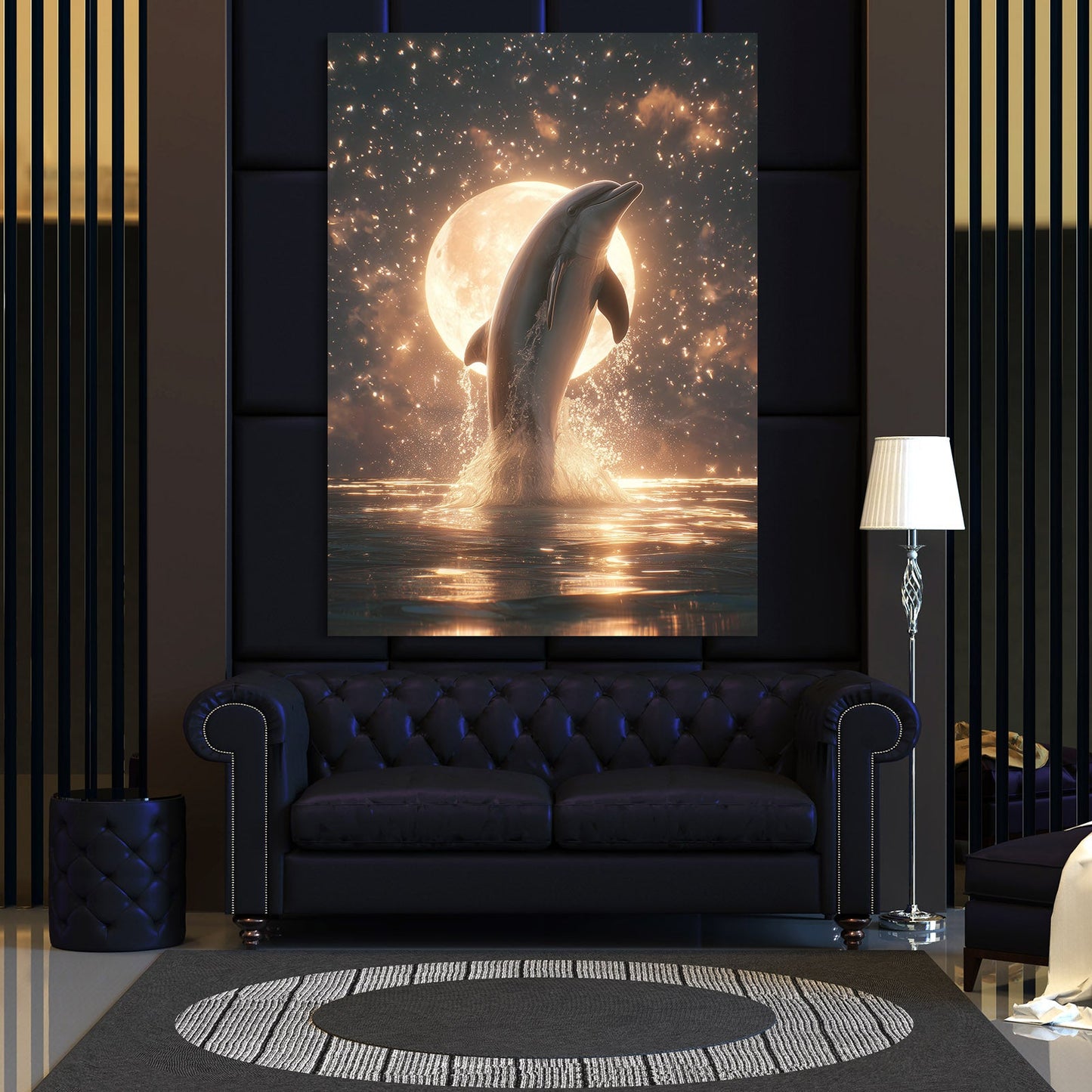 Full Moon Rise Dolphin Art – styled in a furnished interior