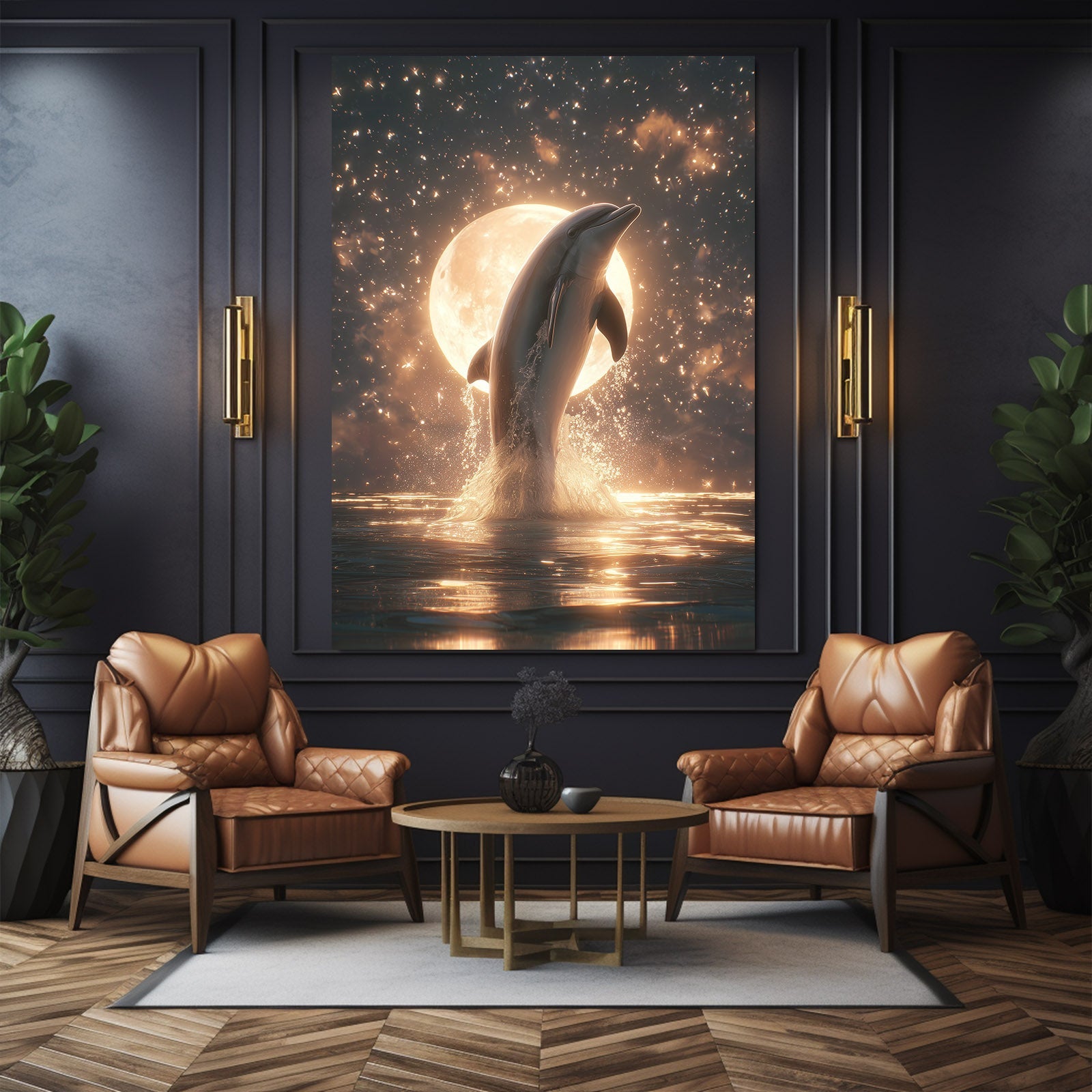 Full Moon Rise Dolphin Art – styled in a furnished interior