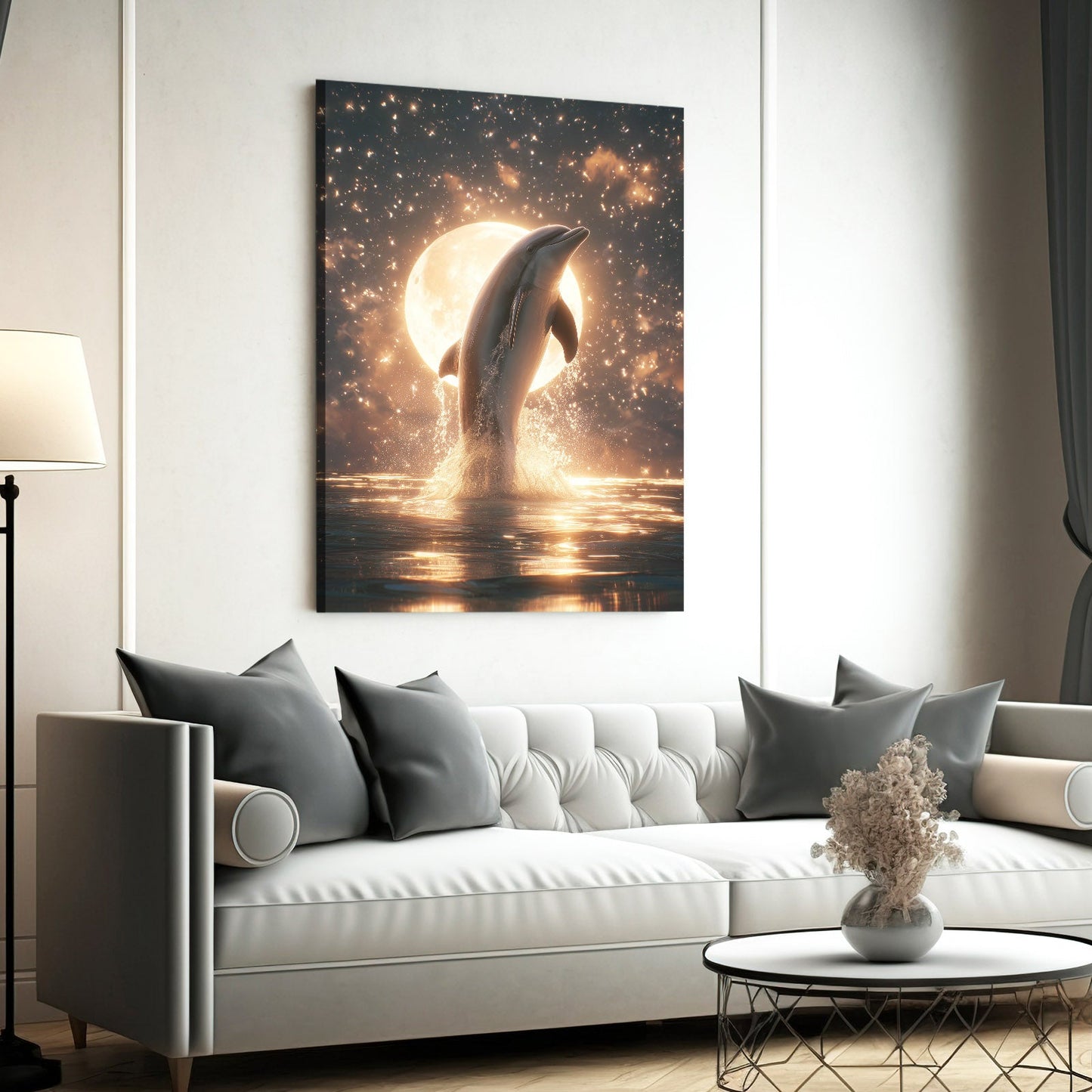 Full Moon Rise Dolphin Art – styled in a furnished interior